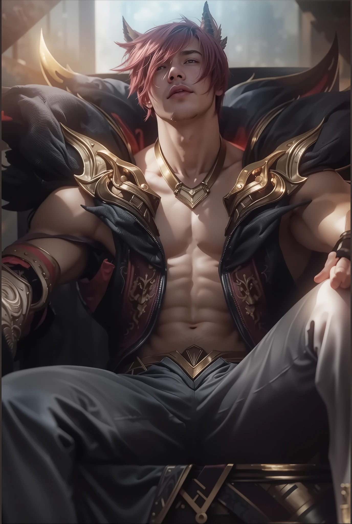 league of legend,Seti,Red-haired Arafad male sitting on throne, author:Hero, Very detailed artistic germ, Most models | Art germ, Handsome guy in the art of slaying demons, Murata and Art Germ Series, Art germ. high detal, WLOP and Sakimichan, art germ on artstation pixiv,