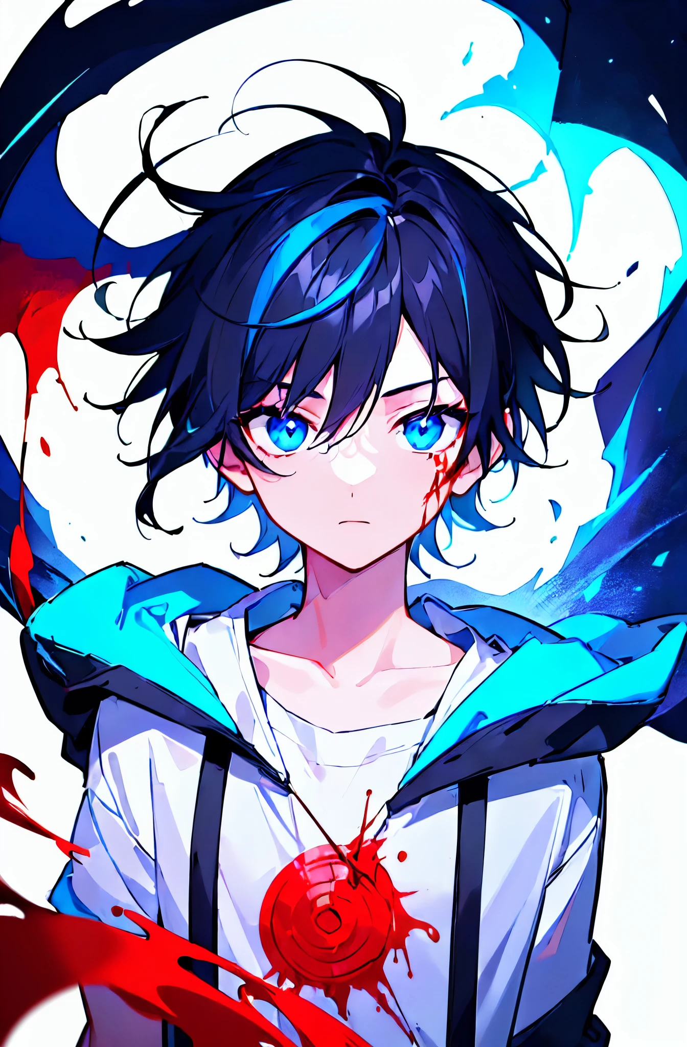 [(BLACK BACKGROUND:1.5),::5], ((((masterpiece)))), high quality, ultra very high resolution, full color, (((solo))), ((little boy)), black hair, ((blue colored inner hair)), ((purple eyes)), anime, ((upper body)), neon light, black parka, (lightning effect:1.2), (Blood effect:1.5)