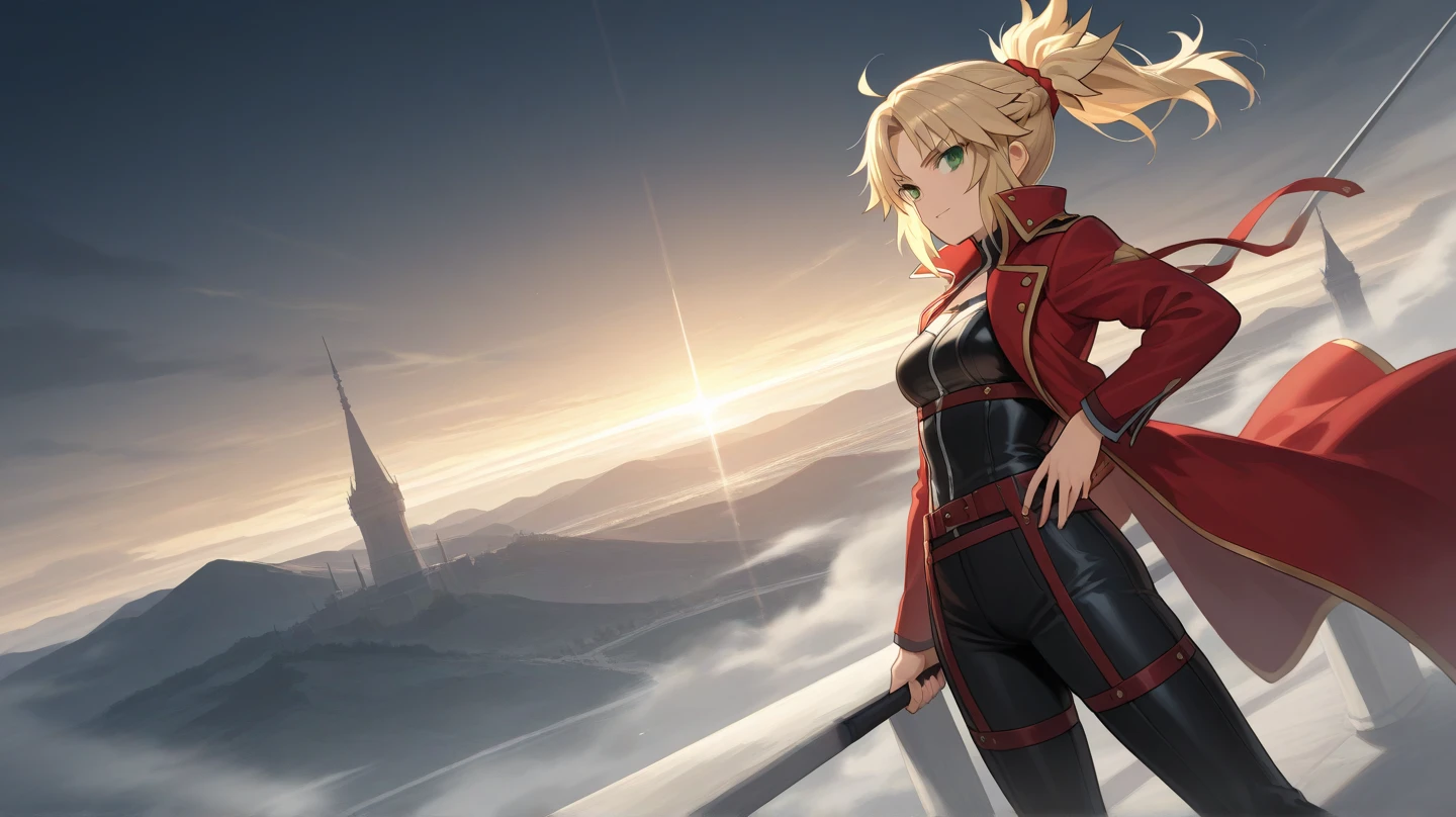 anime picture、little red riding hood、woman、fire wizard、14age、blonde、short bob、blue eyes、bad laugh、red dresini skirt、iron cuirass、black tights、black arm cover、red gauntlet、red shin guards、red platform boots、thrust one's right hand forward