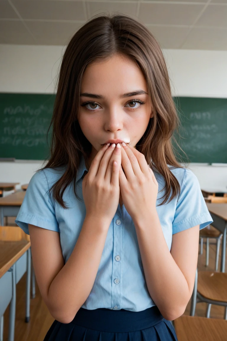 A young girl dressed in a tight sexy uniform is sucking cocks in class and fucking in front of her classmates