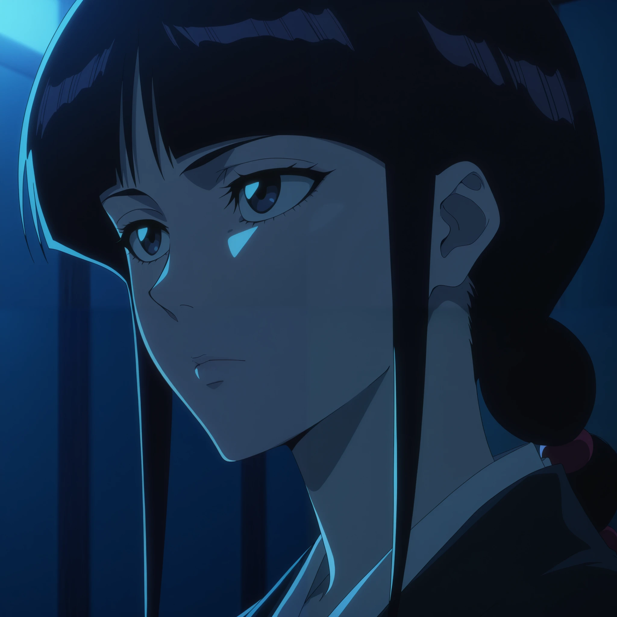 anime screencap, anime coloring, kurotsuchi nemu , expressionless, dark, dark blue theme, warm lighting, japanese clothes, face focus,
