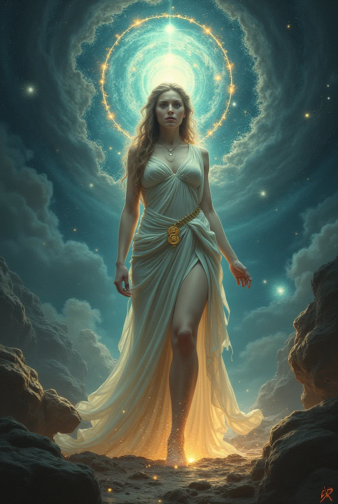 Digital painting by MSchiffer of a female Goddess, her physical body is transforming into smoke, wearing elegant robes as clothing that flows in the air in a waving way, perfectly detailed delicate face, soft features, the environment is the heart of a heavenly forest with trees and vines made out of nebulas and stars, in a classical style, celestial and cosmic, bold colors, soft billowing smoke, glowy cosmic flowers, billowing, cinematic lights, fantasy art, surreal, high contrast, HDR+, bokeh effect, cosmic, cosmos, nebula