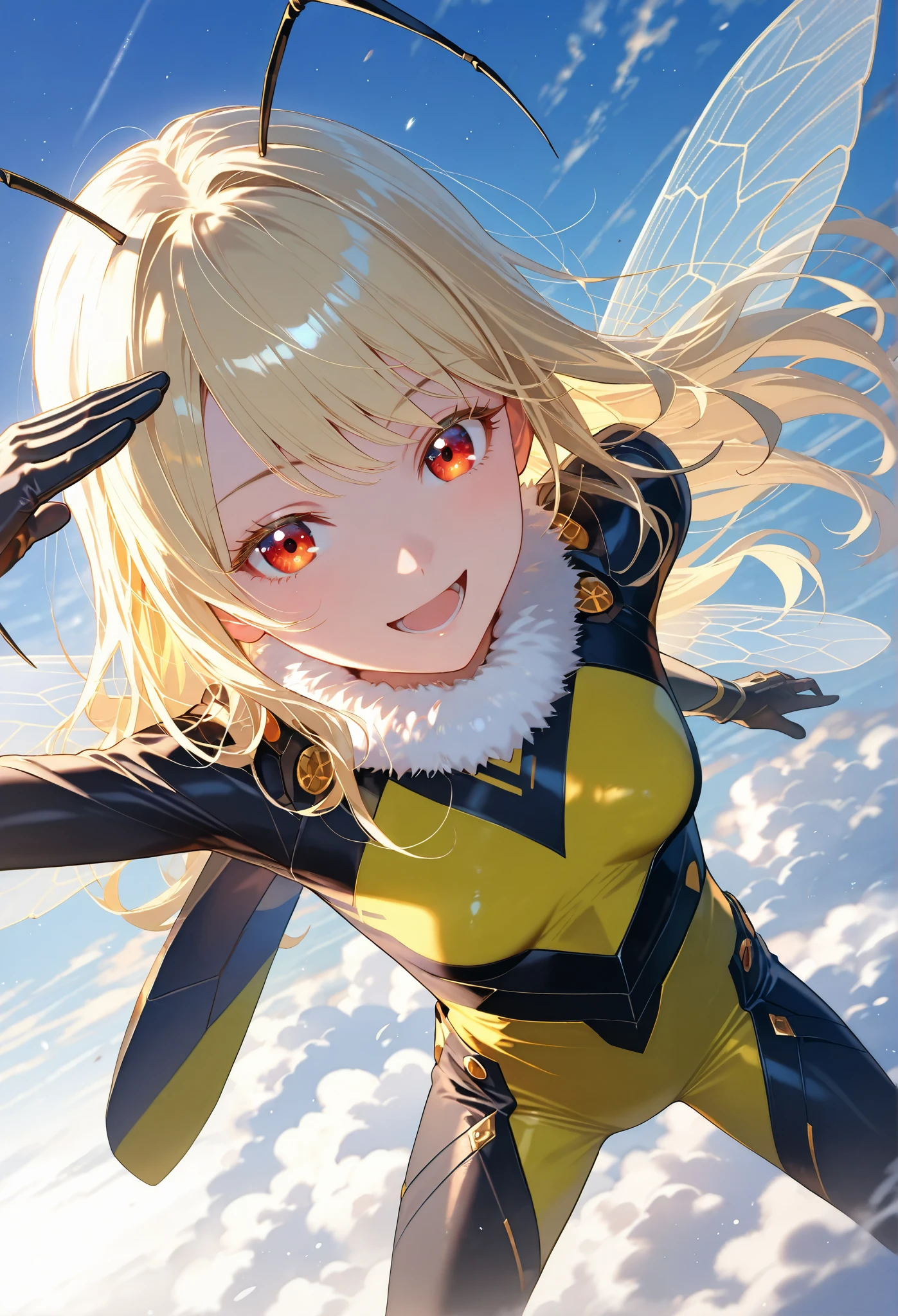 ■構図■view from above,(close-up,throw:1.3),She is positioned in the center of the image, ■背景■The background features a thatght-blue sky dotted with fluffy white clouds,Battlefield visible in the distance, ■People■(Beautiful Girl Who Cosplay as a Bee:1.3),(that:0.3),salute, ■顔■blonde long hair,(detailed blonde eyelashes:1.2),laughing,looking at viewer, (Seductive and bewitching smile:1.2)■Body Type■Skinny,perky breasts,small breasts, ■服装■The woman's attire consists of a form-fitting, bright yellow bodysuit with black accents, resembthatng a stythatzed bee-thatke costume.(Exposed thighs:1.1),frilled body suit,mithattary style,Transparent bee wings,bee antenna