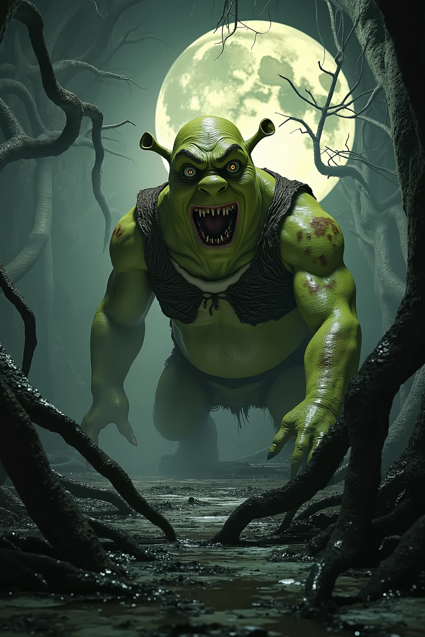 Create an ultra-realistic and cinematic horror image, featuring Shrek transformed into a terrifying and corrupted figure. He appears in a gloomy swamp, with his green skin marked by deep scars, dirt and mud patches. His eyes, incandescent and malevolent, shine with an almost demonic intensity, while his face displays an expression of fury, pain and despair. The surrounding environment is dominated by a dense, oppressive mist, with twisted trees and branches that look like skeletal claws, and a bloody moon that throws a sinister glow over the scene. Details such as rough skin texture, battle marks and dramatic lighting underscore the mood of horror, turning Shrek into a disturbing and unforgettable entity.