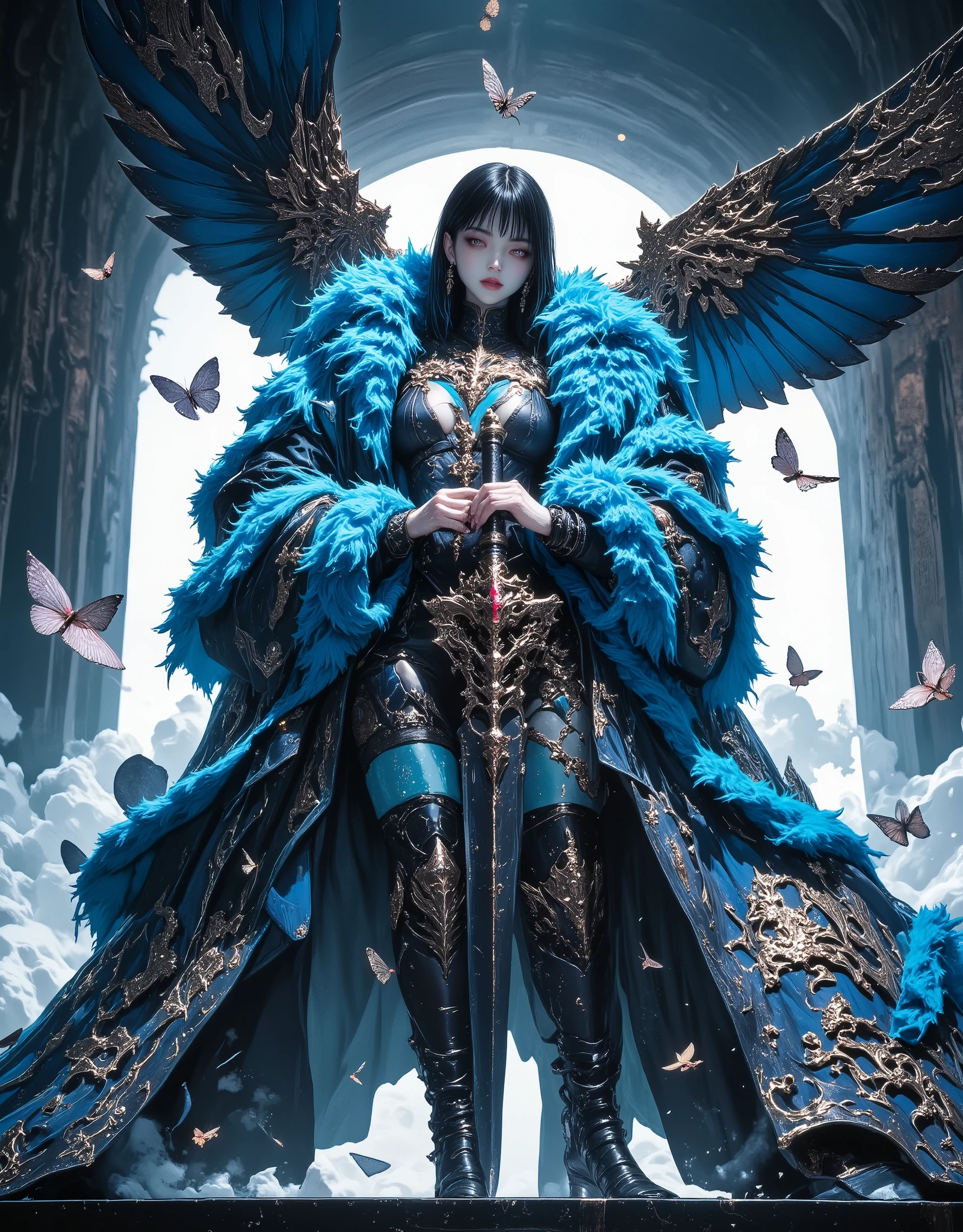 Create a 3D image of a full Body (one girl) in a fur coat, reminiscent of 19th century Chinese painting and engraving styles. The coat is elegantly drawn with intricate patterns and colors of blue, vibrant, and white. A softly glowing lighting energy covers the entire scene, highlighting the silhouette of the girl and creating a dramatic effect. The girl holds a long Chinese sword, adorned with ornate details. Emphasize the contrast between the modern and traditional styles, as if captured at the moment the lighting energy peaks. Use rich colors and textures to enhance the overall quality.butterfly,(Devine bat:1.5), detailed face and eyes, dynamic pose,(bat wings),