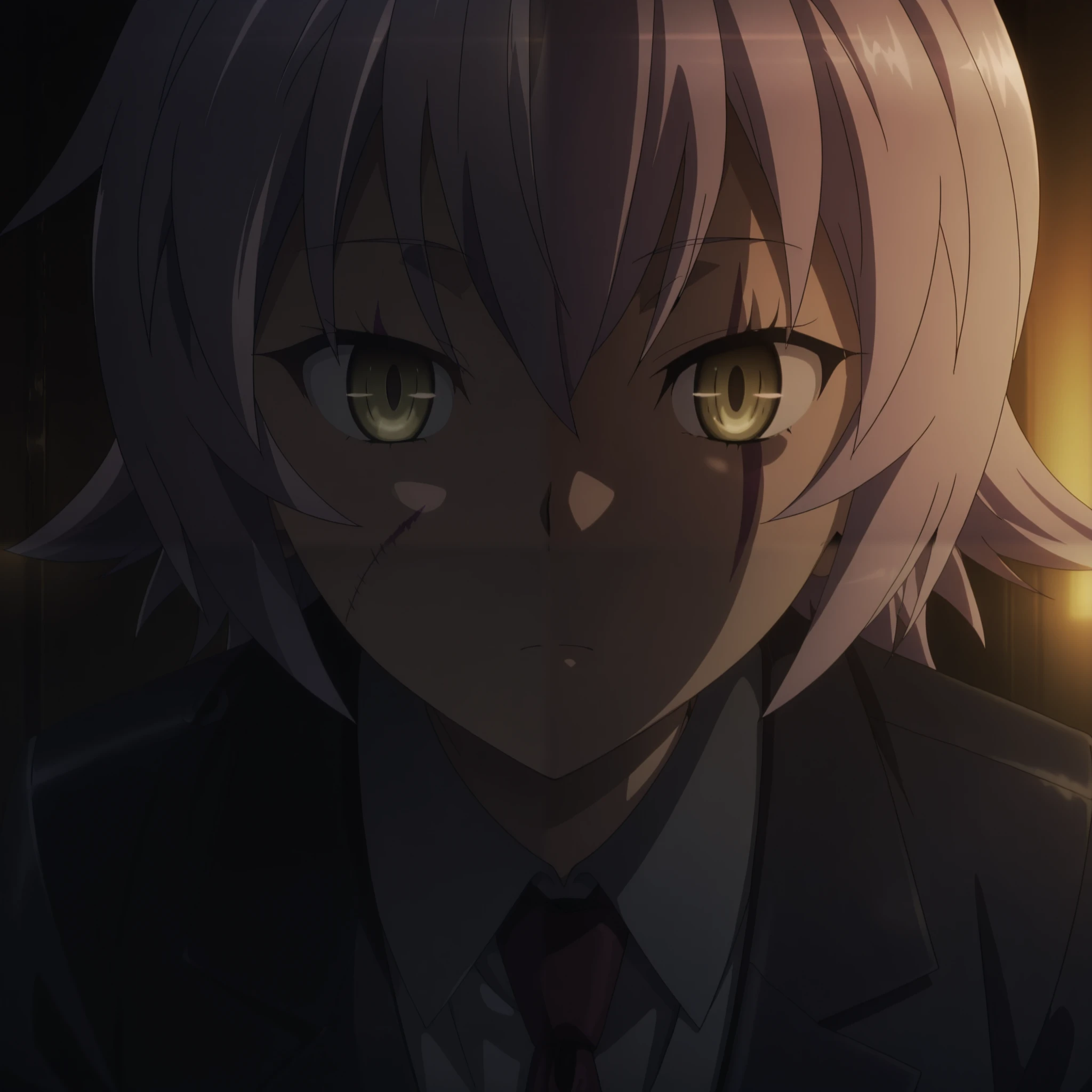 anime screencap, anime coloring,  JackTR, expressionless, dark, dark blue theme, warm lighting, suit, tie, face focus, 