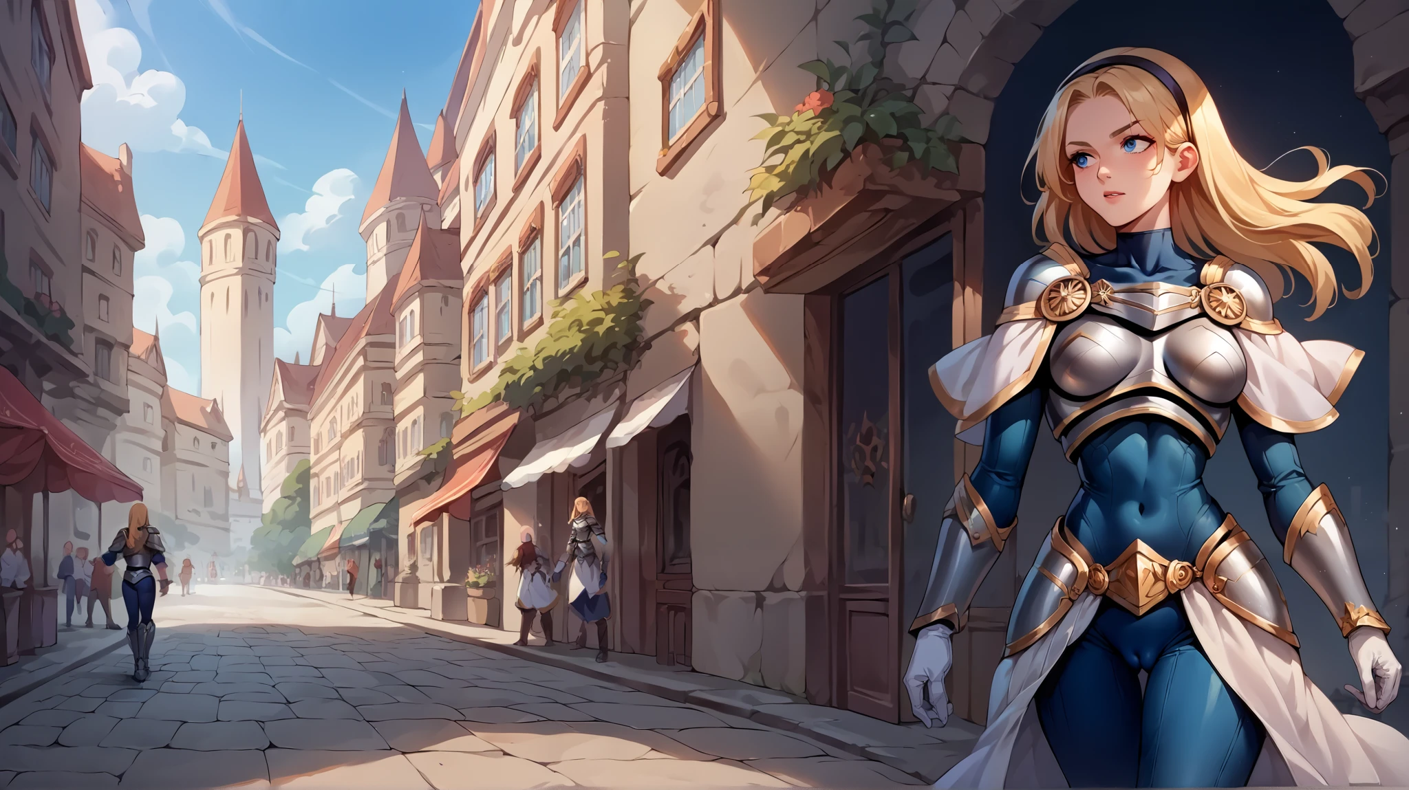 score_9, score_8_up, score_7_up, score_6_up, source_anime, 1girl, solo,  deflux, blonde hair, blue eyes, long hair, black hairband, armor, blue bodysuit, long sleeves, blue sleeves, bracers, white gloves, armored boots, medieval city, white city, square, public square, standing, walking, vagina, cutout for vagina, cutout for pussy, naked vagina, naked pussy, com on stomach, dildo in pussy