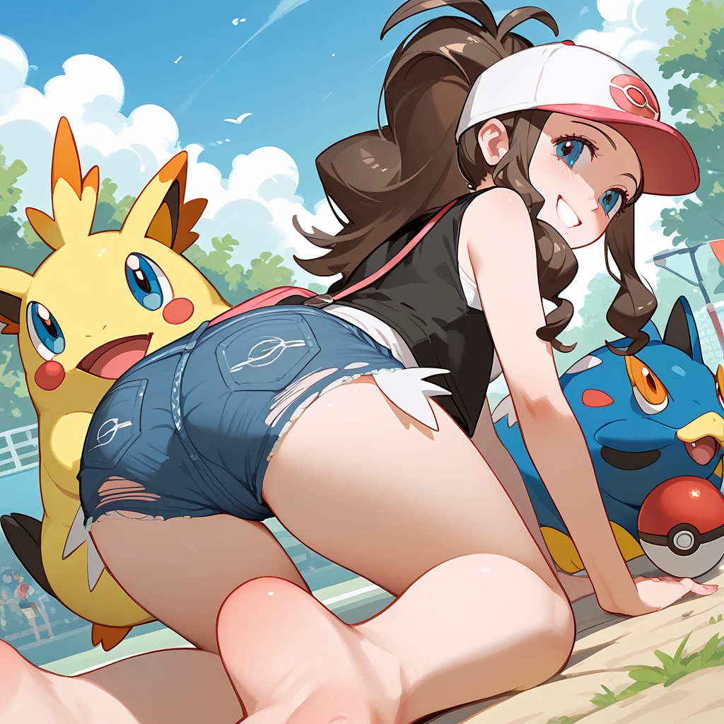 (best quality, highres, masterpiece:1.2), ultra-detailed, realistic:1.37, sketches, hilda pokemon, def1, age girl, sitting on her knees, curvy, visible thighs, chubby thighs, thick thighs, thighs in the foreground, body shape, dirty underpass, underpass, scary underpass, sentada junto a un hombre, hombre tocando su cuerpo, curious look, pokeballs, smile, encanto femenino, downblouse