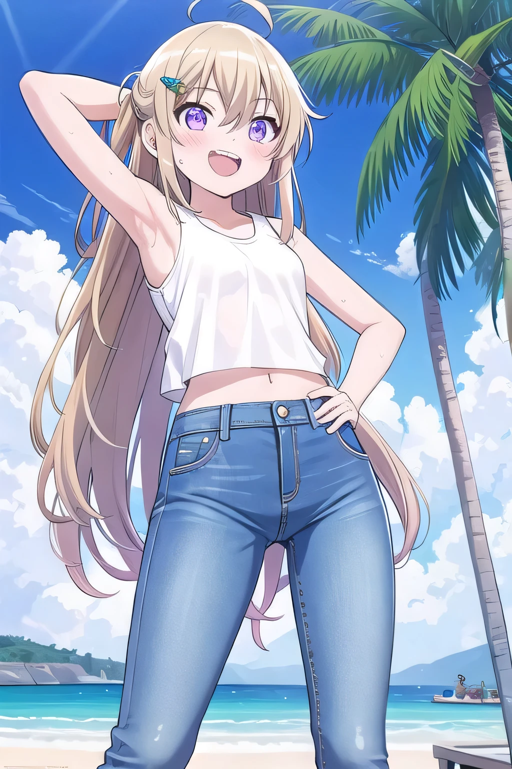 masterpiece, best quality, ultra detail, ((Perfect Face, perfect eyes, perfect hair, perfect arm)), 1girl, , petite, ((round face, ecstasy, orgasm face, drooping eyes, shame smiling, blush)), dropping eyes, sleepy, Open mouth, ((White teeth)), background((under the beach, (day:1.2), palm tree, bright sky)), miku hatsune, ahoge, (purple eyes:1.2), (dark blonde hair:1.2), crossed bangs, hair between eyes, hair ornament, (long hair:1.4), (messy hair:1.7), ((arms behind head, hands behind head, fingers behind head)), ((contrapposto)), spread armpits, looking at viewer, (white tank top:1.2), (white crop top:1.2), (jeans pants:1.2, flares jeans:1.2, skinny jeans:1.2, blue jeans:1.2), standing, (legs spread:1.4), sex pose, Sweaty crotch, Steam from the crotch, from below, whole body