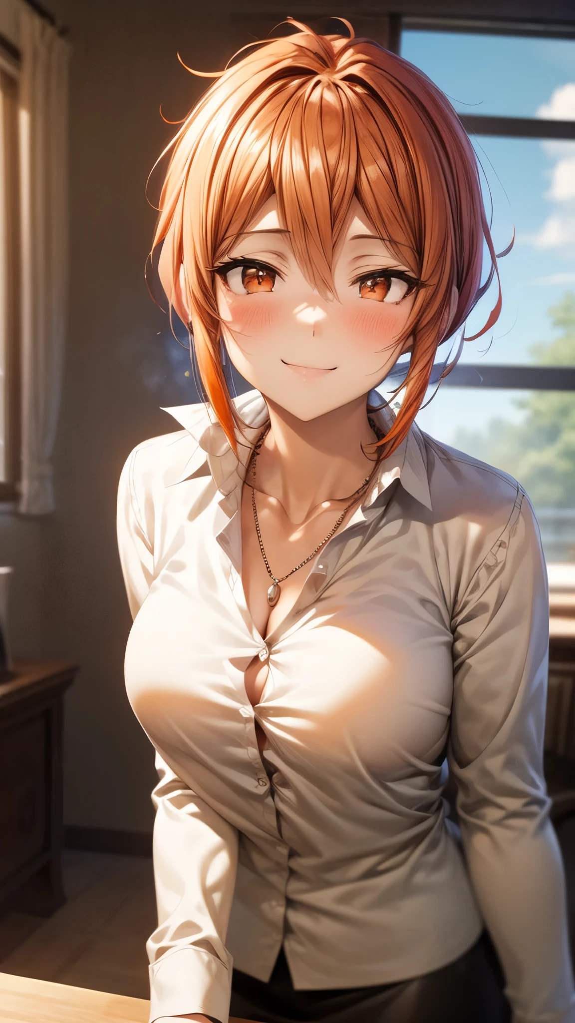 (Ultra High Quality,ultra high definition,16k,Super Masterpiece,Ultra HD ,detailed shading and background,) upper body shot from below,Sexy Wife,Orange hair put together, white long sleeve shirt,Chest Valley,necklaces,Pencil Skirt,smile,blush,living,Leaning forward greatly,
