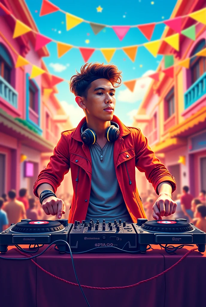 Young, big, strong, dark-haired DJ with military-style hair in colorful clothes and big, colorful biker glasses playing music with a favela in the background 