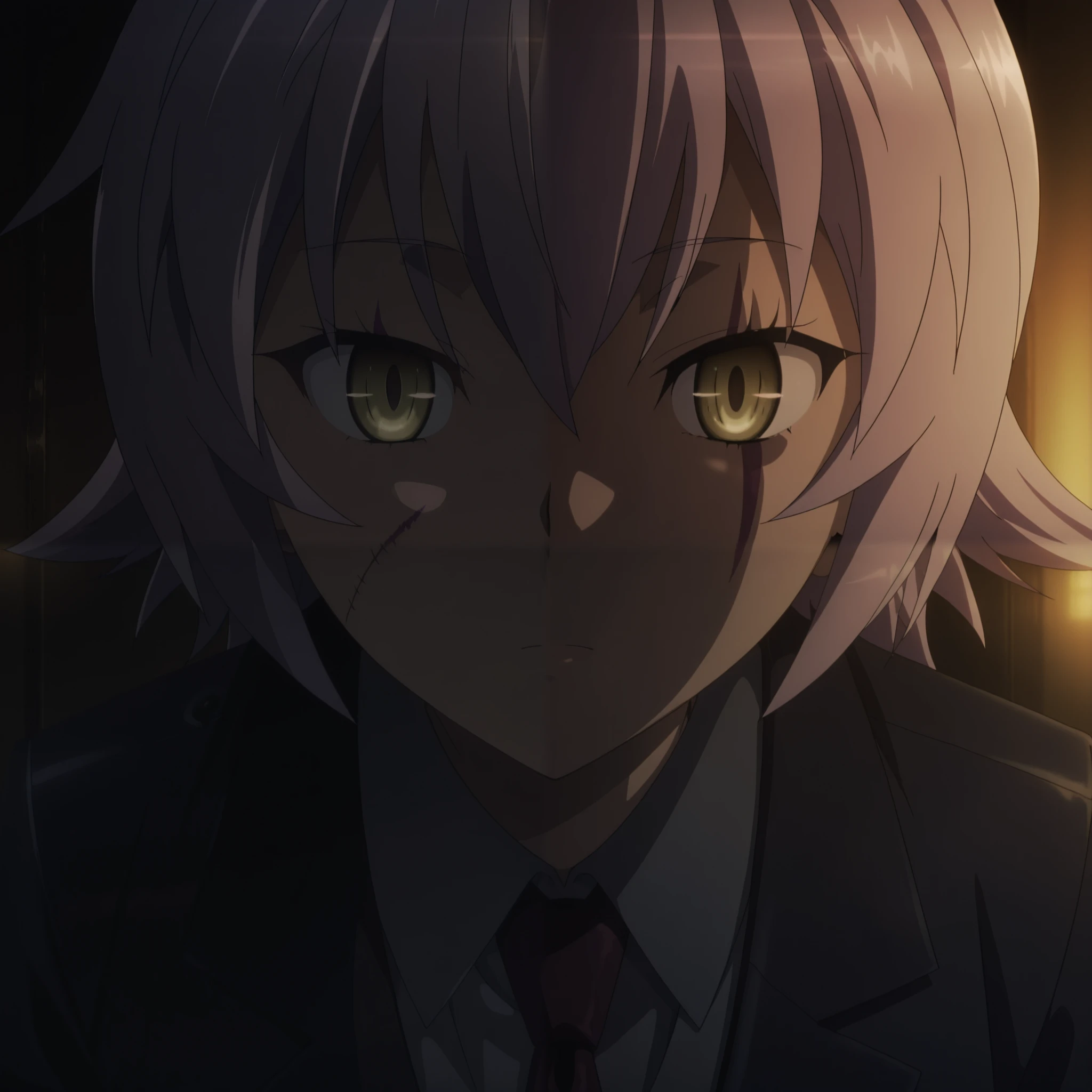 anime screencap, anime coloring, JackTR, expressionless, dark, dark blue theme, warm lighting, suit, tie, face focus,