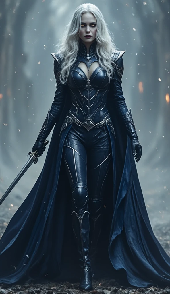 a snowy night war background, create a full body image of a gorgeous woman standing, one foot planted in the snow, another foot on a deceased man's chest, with long extra curly white hair and long bangs at the sides of his face, light freckles, sharp features and slanted half-closed glowing light purple eyes wearing a really fancy steampunk suit with straps, her chest area is open, neck-line shown, long black gloves, a frilled neck tie, black pants with black animal furs caping the back and side of his legs and knee-high strapped boots. sHe is holding a longsword, she is currently fighting other men in black armor, holding his sword towards them, other men fighting around her, with red snow at his feet/ boots. He has blood on his clothes. sHe has a long bloody scar going across his cheeks and nose.