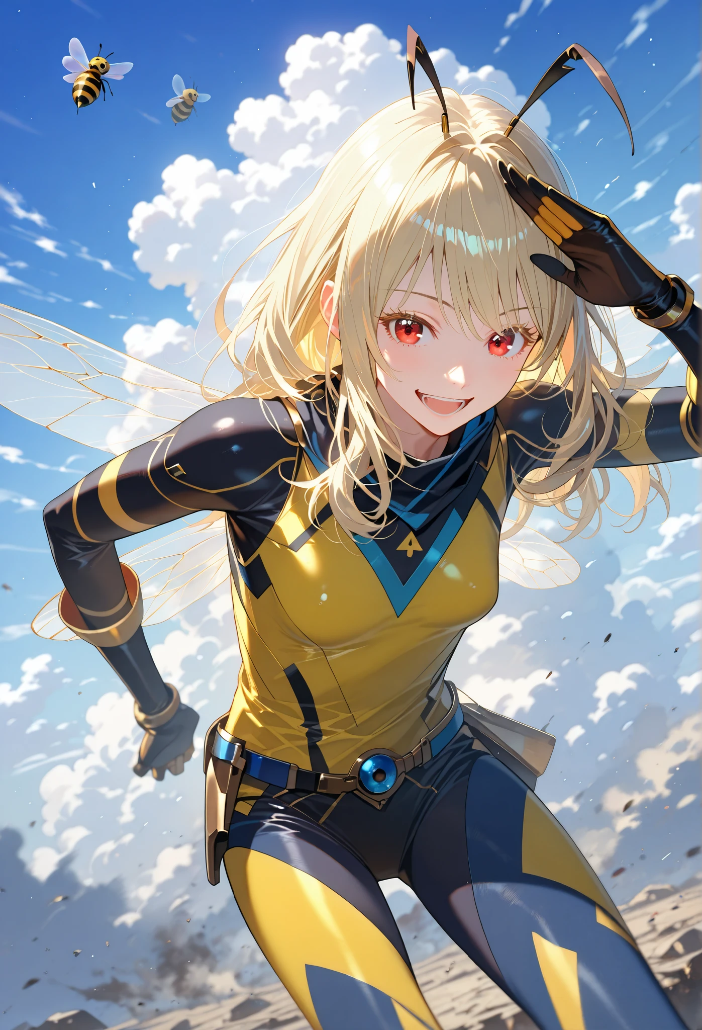 ■構図■view from above,(close-up,throw:1.3),She is positioned in the center of the image, ■背景■The background features a thatght-blue sky dotted with fluffy white clouds,Battlefield visible in the distance, ■People■(Beautiful Girl Who Cosplay as a Bee:1.3),(that:0.3),salute, ■顔■blonde long hair,(detailed blonde eyelashes:1.2),laughing,looking at viewer, (Seductive and bewitching smile:1.2)■Body Type■Skinny,perky breasts,small breasts, ■服装■The woman's attire consists of a form-fitting, bright yellow bodysuit with black accents, resembthatng a stythatzed bee-thatke costume.(Exposed thighs:1.1),frilled body suit,mithattary style,Transparent bee wings,bee antenna
