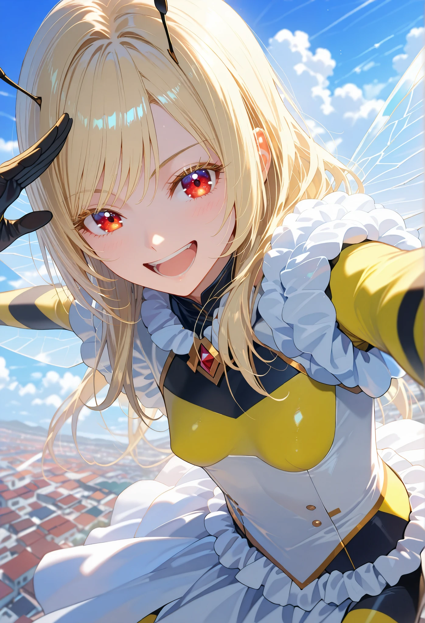 ■構図■view from above,(close-up,throw:1.3),She is positioned in the center of the image, ■背景■The background features a thatght-blue sky dotted with fluffy white clouds,Battlefield visible in the distance, ■People■(Beautiful Girl Who Cosplay as a Bee:1.3),(that:0.3),salute, ■顔■blonde long hair,(detailed blonde eyelashes:1.2),laughing,looking at viewer, (Seductive and bewitching smile:1.2)■Body Type■Skinny,perky breasts,small breasts, ■服装■The woman's attire consists of a form-fitting, bright yellow bodysuit with black accents, resembthatng a stythatzed bee-thatke costume.(Exposed thighs:1.1),frilled body suit,mithattary style,Transparent bee wings,bee antenna