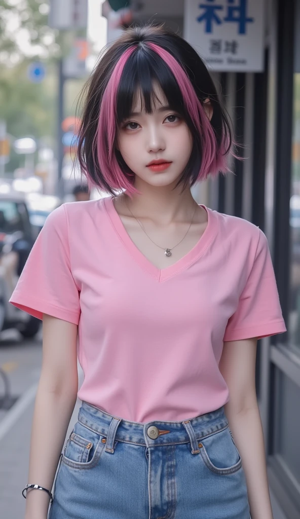 1girl, beautiful detailed eyes, horrified, scared, beautiful detailed lips, extremely detailed eyes and face, pink t-shirt, white jeans, standing on a street corner, award winning, intricate details, photorealistic, cinematic lighting, volumetric lighting, depth of field, beautiful face, striking pose, dynamic composition, vivid colors, warm tones,
