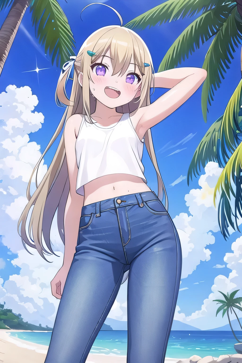 masterpiece, best quality, ultra detail, ((Perfect Face, perfect eyes, perfect hair, perfect arm)), 1girl, , peti ((round face, ecstasy, orgasm face, drooping eyes, shame smiling, blush)), dropping eyes, sleepy, Open mouth, ((White teeth)), background((under the beach, (day:1.2), palm tree, bright sky)), miku hatsune, ahoge, (purple eyes:1.2), (dark blonde hair:1.2), crossed bangs, hair between eyes, hair ornament, (long hair:1.4), (straight hair:1.7), ((arms behind head, hands behind head, fingers behind head)), ((contrapposto)), spread armpits, looking at viewer, (white tank top:1.2), (white crop top:1.2), (jeans pants:1.2, flares jeans:1.2, skinny jeans:1.2, blue jeans:1.2), standing, (legs spread:1.4), sex pose, Sweaty crotch, Steam from the crotch, from below, whole body