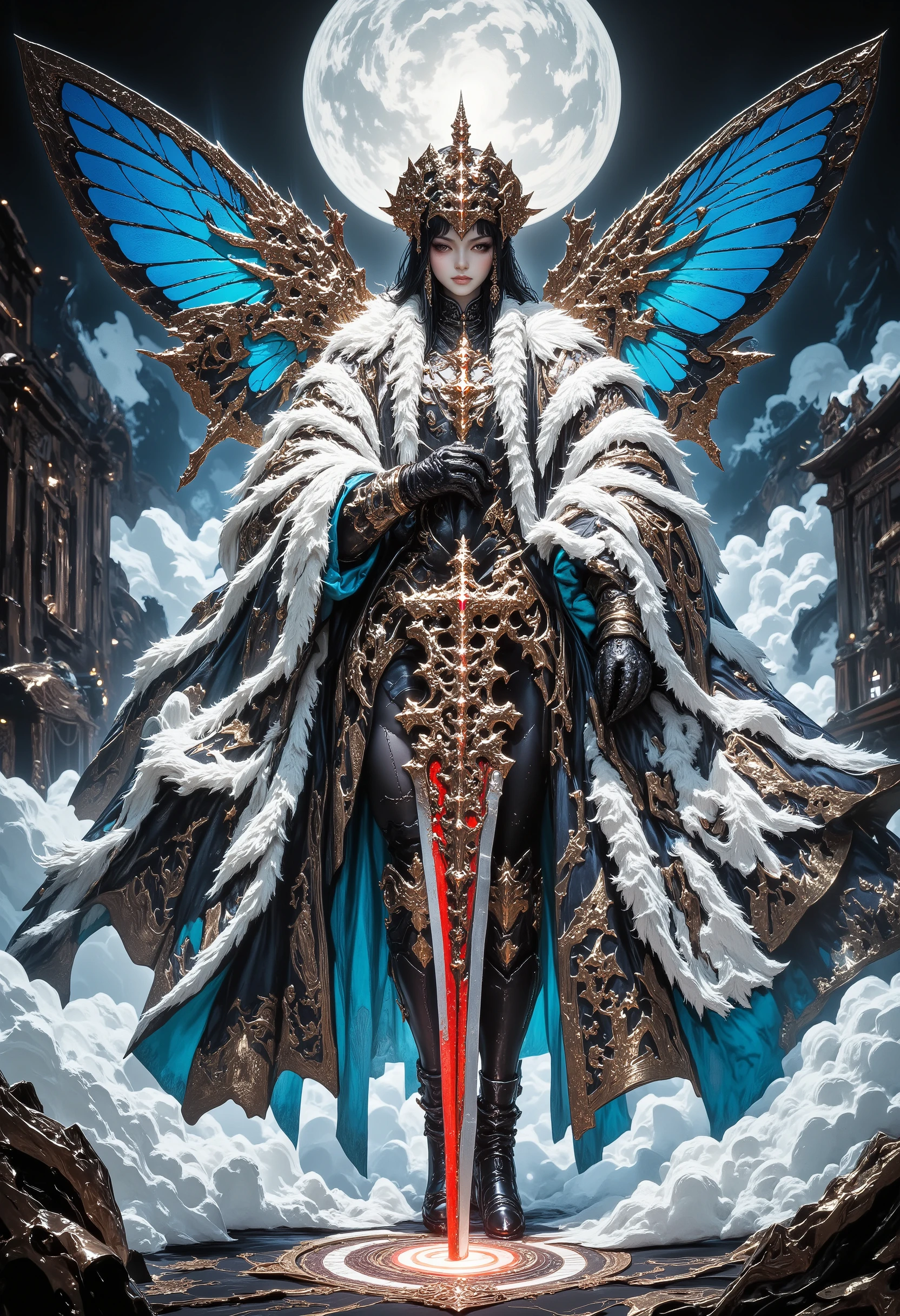 Create a 3D image of a full Body (one girl) in a fur coat, reminiscent of 19th century Chinese painting and engraving styles. The coat is elegantly drawn with intricate patterns and colors of blue, vibrant, and white. A softly glowing lighting energy covers the entire scene, highlighting the silhouette of the girl and creating a dramatic effect. The girl holds a long Chinese sword, adorned with ornate details. Emphasize the contrast between the modern and traditional styles, as if captured at the moment the lighting energy peaks. Use rich colors and textures to enhance the overall quality.butterfly,(Devine Butterfly:1.5), detailed face and eyes, dynamic pose,(butterfly wings),