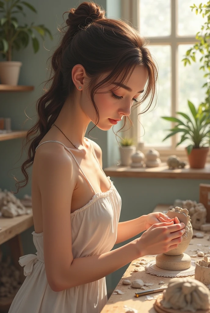 Beautiful naked girl has a gorgeous vase with her nipples and genitals cleverly hidden。(((The vase has a voluminous top and a short mouth.、The shape is perfect for hiding her nipples and genitals.)))。The vase should not be placed above the collarbone。(Highest quality、4K、8k、High resolution、masterpiece:1.2)、Super detailed、(Real、Photorealistic、Photo-Realistic:1.37)、Highly detailed face and body、Beautifully detailed eyes、Beautifully detailed lips、Porcelain Skin、(Super big breasts)、Sexy thighs、(Front angle)、Natural lighting、Warm tones、Elegant and calm、Intricate Vase Designs、Pottery、Delicate and graceful pose、((((Her nipples are completely hidden by the vase and cannot be seen.))))