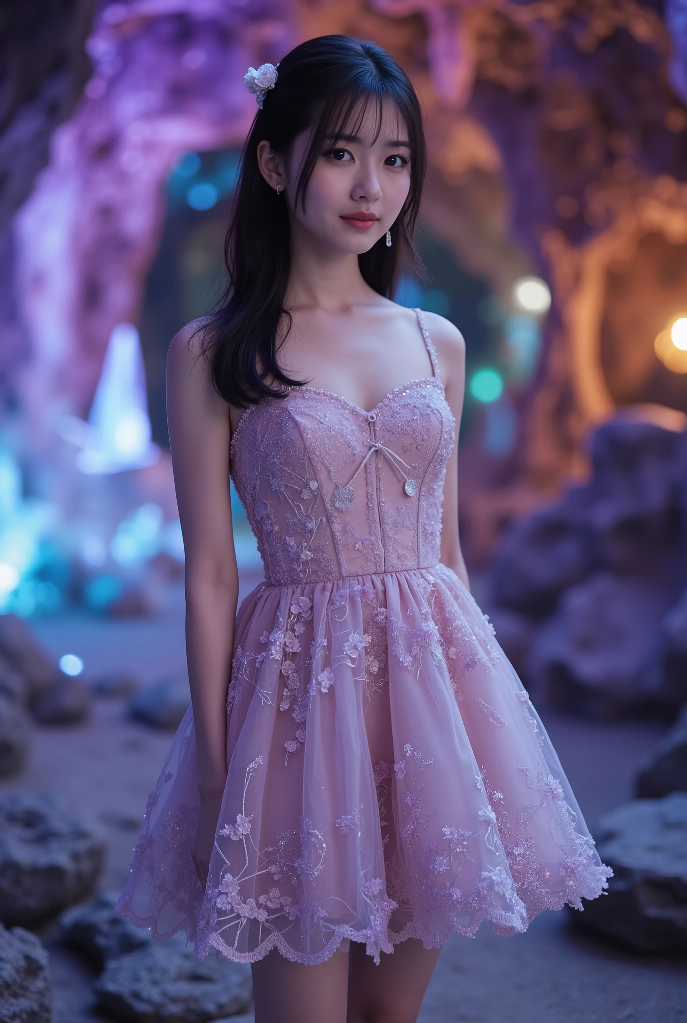 Create an image of a fair-skinned Japanese girl stands gracefully in a knee-length, whimsical mini dress. Her medium-length straight hair flows gently around her shoulders. The enchanting backdrop features a fantastical mineral cave, illuminated by the vibrant colors of shimmering crystals. The scene is enhanced with cinematic lighting, creating a magical atmosphere.