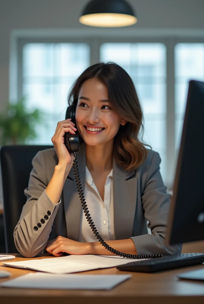 A photorealistic image of a young professional white woman holding a smartphone to her ear as if receiving a call. She is smiling warmly and looks engaged in conversation. The woman should be wearing business casual attire. She is standing in an office or home office setting with soft, natural lighting. The focus should be on her face and the phone, with the background slightly blurred but the image should show her waist up she should also be looking towards the camera. The image should have high resolution and look like a stock photo or professional photography, not an illustration or cartoon.