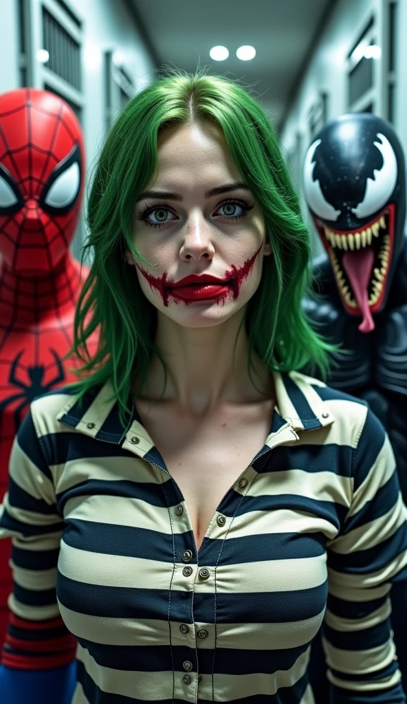 (joker) as (spider man), 1girl, long green hair, large breast, official art, unity 8k wallpaper, ultra detailed, aesthetic, masterpiece, best quality, photorealistic, dark theme crazy smile, (open mouth) waist up