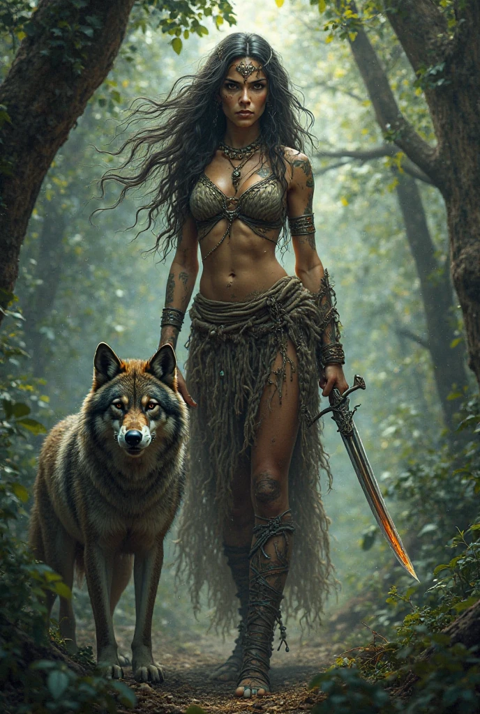 A fully naked Latina indigenous woman having sex with a wolf man, em uma floresta noturna