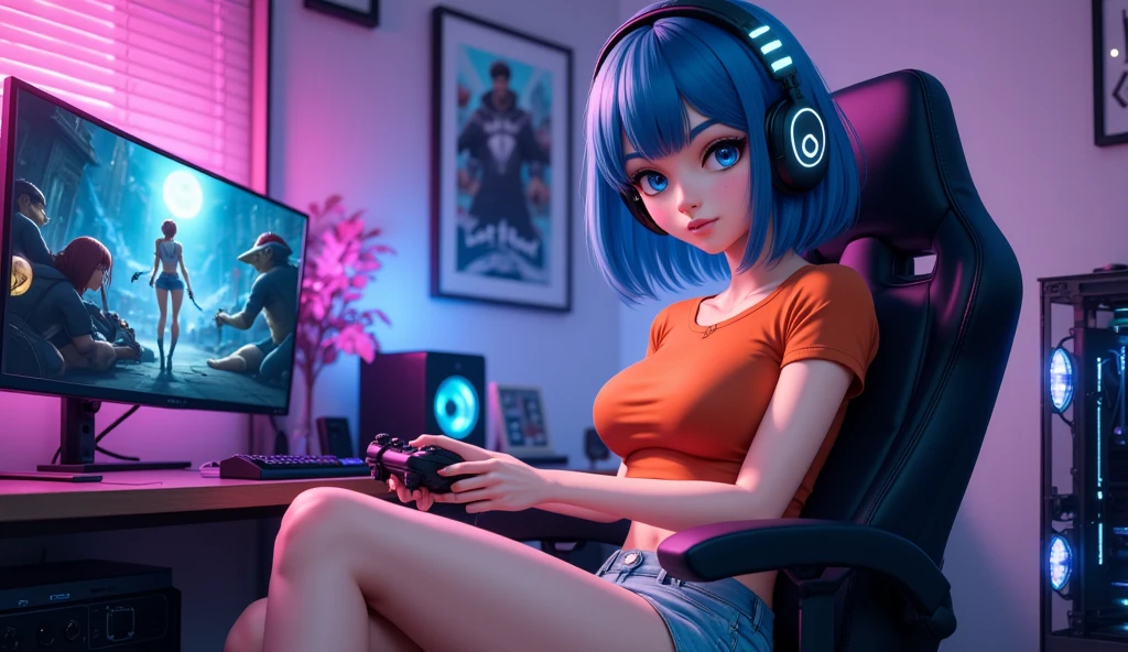 A 22yo E-woman immersed in the virtual realm, donned in vibrant attire, sitting behind a sleek gaming rig. Thigh-high socks peek from beneath her chair, merging real and virtual in a symphony of modern connectivity. Her long voluminous blue hair cascades in a fusion of neon blues and greens that complements the digital ambiance, (gamer headset), (baggy gamer off the shoulder blue sweater:1.2), (perky full huge breasts), (tan skin:1.2), (highly detailed half closed eyes:1.1), (dark black eyeshadow:1.2), (long eyelashes), (subtle smirk:1.1), (aroused), (slutty lips:1.2), detailed skin, realistic, sharp focus, very detailed, 4K HQ, depth of field, f/1.2, Leica, 8K HDR, (ultra realistic eyes), (detailed face).