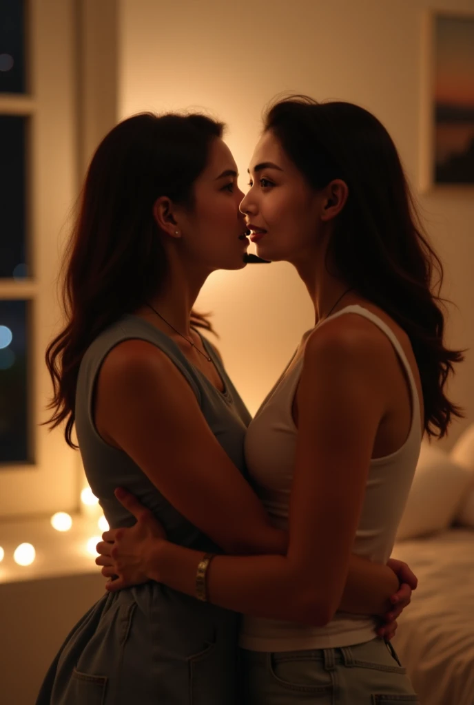 最高画質,nude,full body,Draw a scene where a black long haired nude girl and a brown short haired nude girl are hugging in a room. The two girl are in the center of the room, smiling while they hug. The room has warm interior decorations, and soft light illuminates the room. The black haired nude girl wraps her arm around the brown haired nude girl's neck, while the brown-haired nude girl gently embraces the black-haired nude girl's back. Both girl have very happy expressions on their faces.完璧な手,完璧な足, 