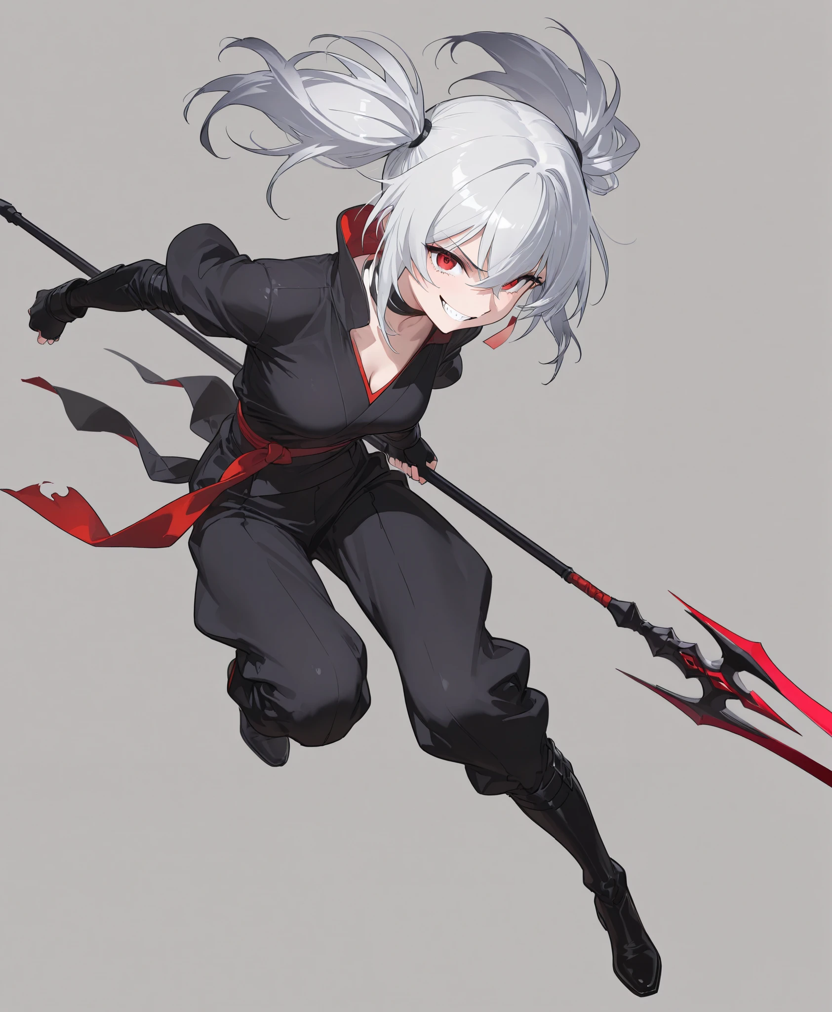 Anime character with white hair and black outfit holding a red and ...