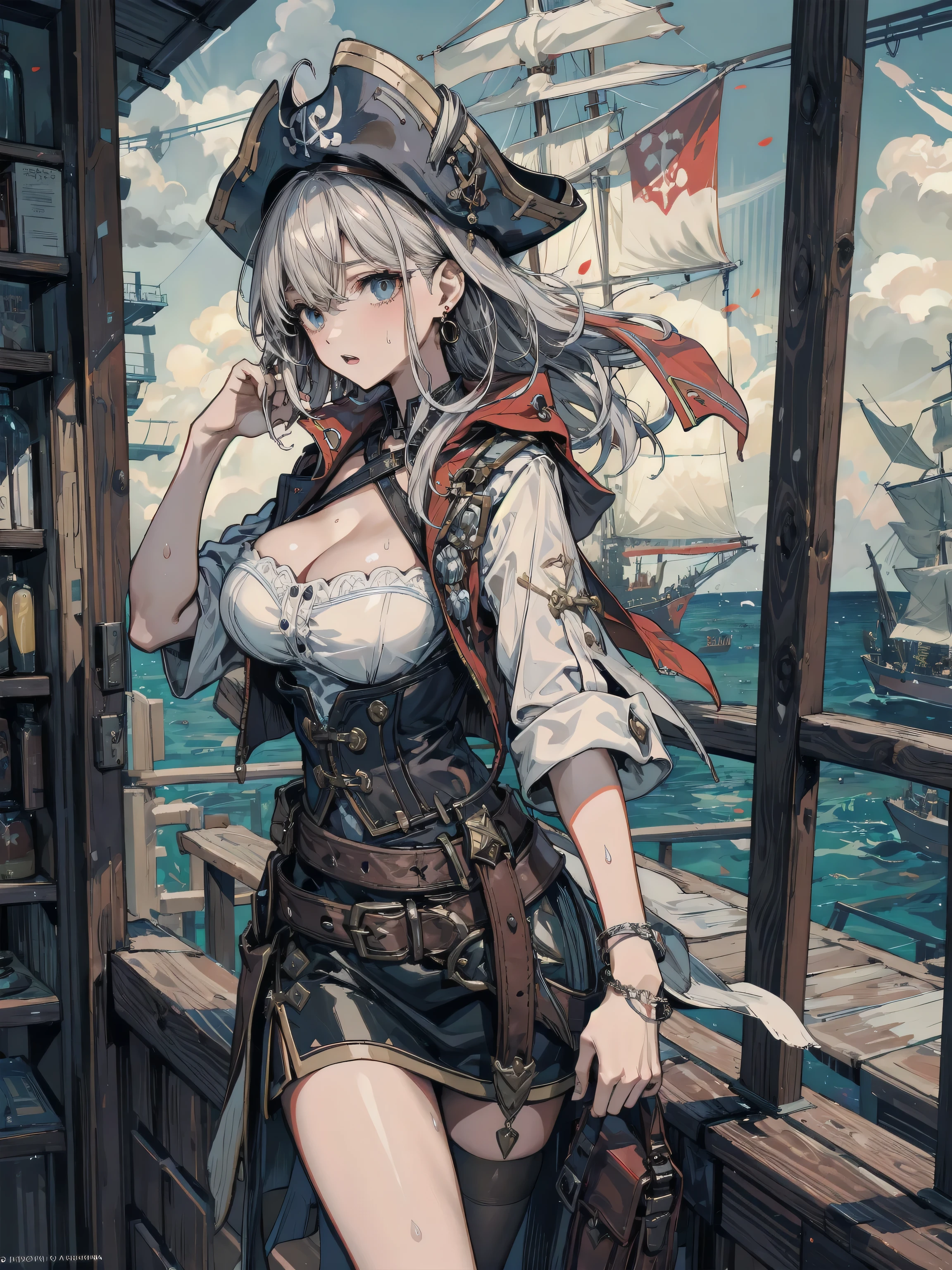 A woman with silver bob hair and blue eyes, extremely detailed and realistic, masterpiece quality, ultra-detailed, HDR, vivid colors, physically-based rendering, pirates, pirates war, on the wooden big ship, ((She is wielding a large saber)), she is a pirates king,