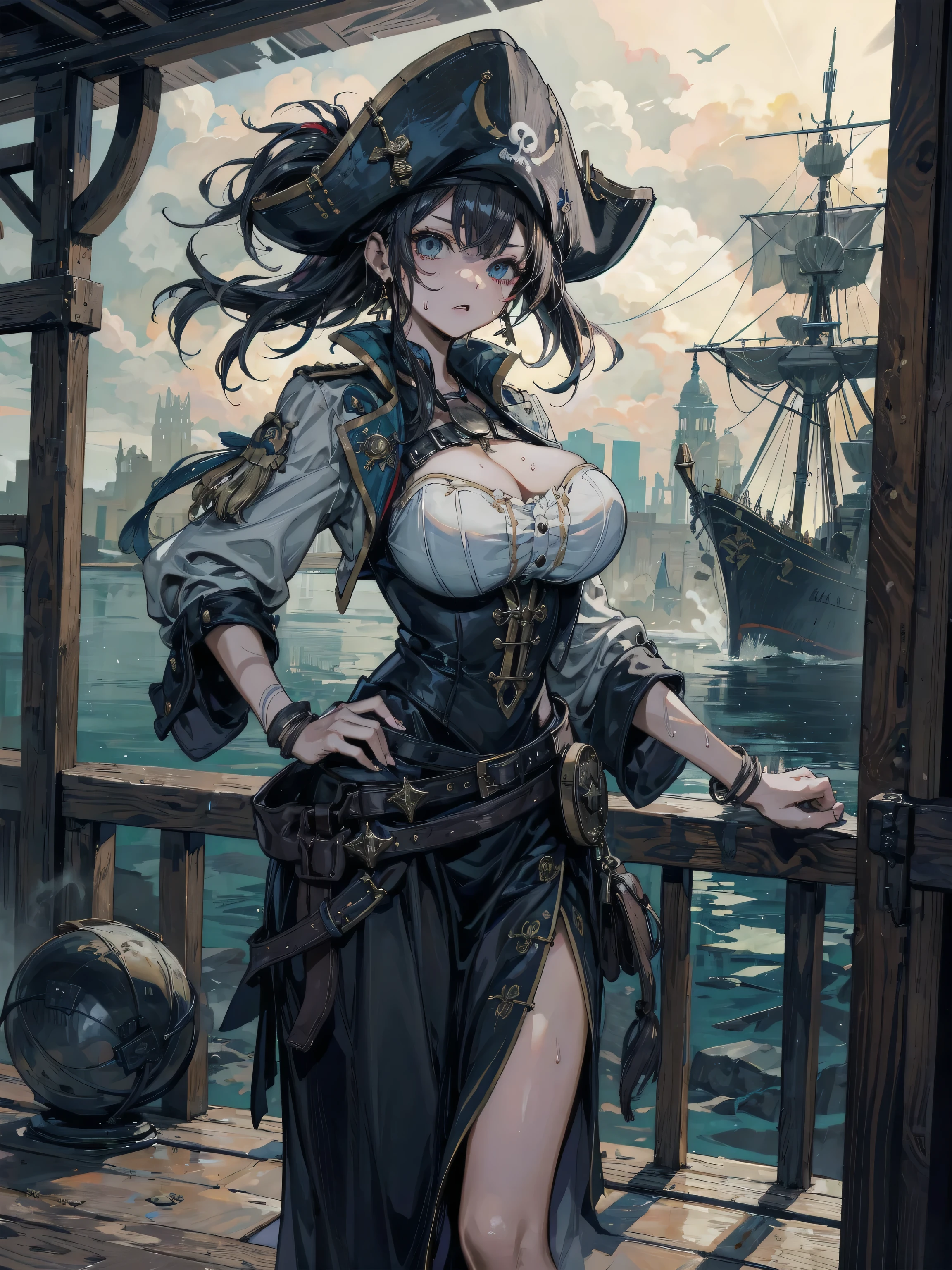 earring, big breasts, short hair, black hair, cowboy shot, sweat, Pirates of the Caribbean, Sexy female pirate, On the deck of the ship