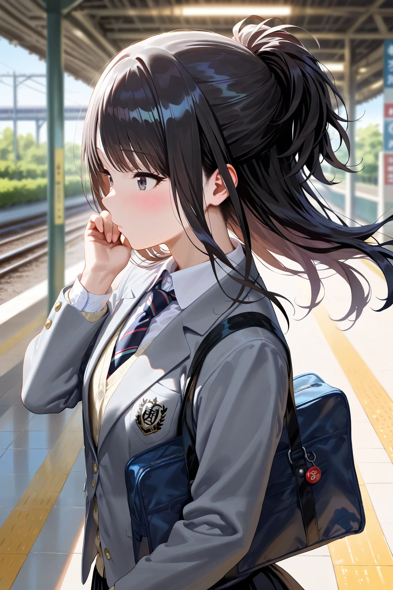 (masterpiece), (Highest quality), (Very detailed), (The best shape), (Best Shadow), (Absurd), (Detailed Background), (so beautiful), Shiny, Beautiful eyes in every detail, Extraordinary, Countershading, 8k, 32K, High resolution, Very Detailed CG ,
Score_9, Score_8_up, Score_7_up, Source_anime,
(Pastel painting:1.2), (Watercolor painting:1.2),
(Masterpiece, Detailed:1.2), (Foreshortening:1.2),
Cinematic, Dramatic, (depth of field:1.4),
(blurry background:1.4), (Realistic background:1.4), dynamic angle,
1girl, solo,
Japan, station, Station platform, Urban Station, wind,
Kazano Hiori,
the idolmaster shiny colors,
hiori kazano, ponytail, black hair, black eyes,
(school uniform:1.3), school bag,
White collar, tie, black tie, Stripes tie, gray tie,
(cardigan:0.9), Inner cardigan, linen cardigan,
blazer, (gray blazer:1.2), long sleeves blazer, (Button-up her blazer:1.5), (buttoned all the way up:1.4),
skirt, closed jacket, plaids skirt, black skirt,
(Blush:1.2),
Realistic skin,
Shiny skin,
profile,
