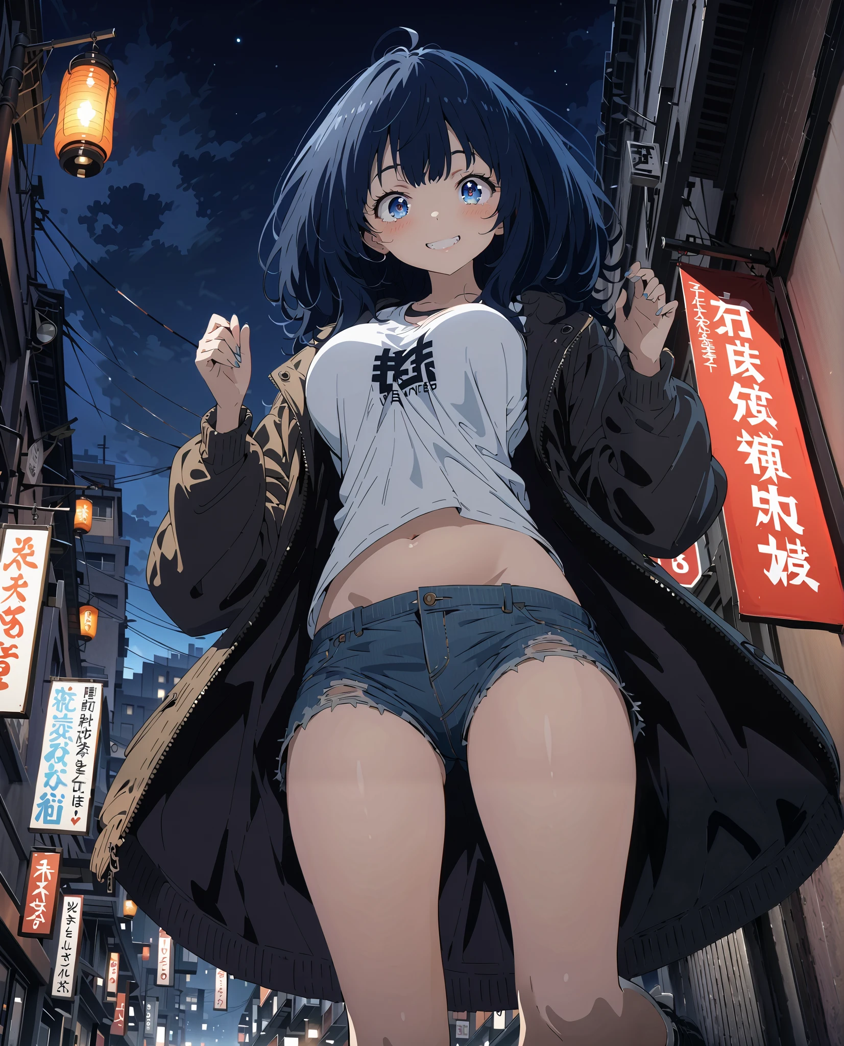 score_9, score_8_up, score_7_up, source_anime, Anayanami , medium hair,Alone, blue eyes, stupid hair, Lantern,Big Breasts, Riders Jacket,side boom,smile,blush, grin ,belly button sticking,tank top,denim micro shorts,I have my hands in my jacket pockets,Bare legs,boots,angle from below,Nōn,building,night,is standing,full bodyがillustration for both eyesに入るように,
break outdoors,City,
break looking at viewer,full body,
break (masterpiece:1.2), top quality, high resolution, Unity 8K Wallpaper , (illustration for both eyes:0.8), (Beautiful Detailed Eyes:1.6), very detailed face, perfect lighting, extremely detailed CG, full body写真,(PERFECT HAND, perfect anatomy),