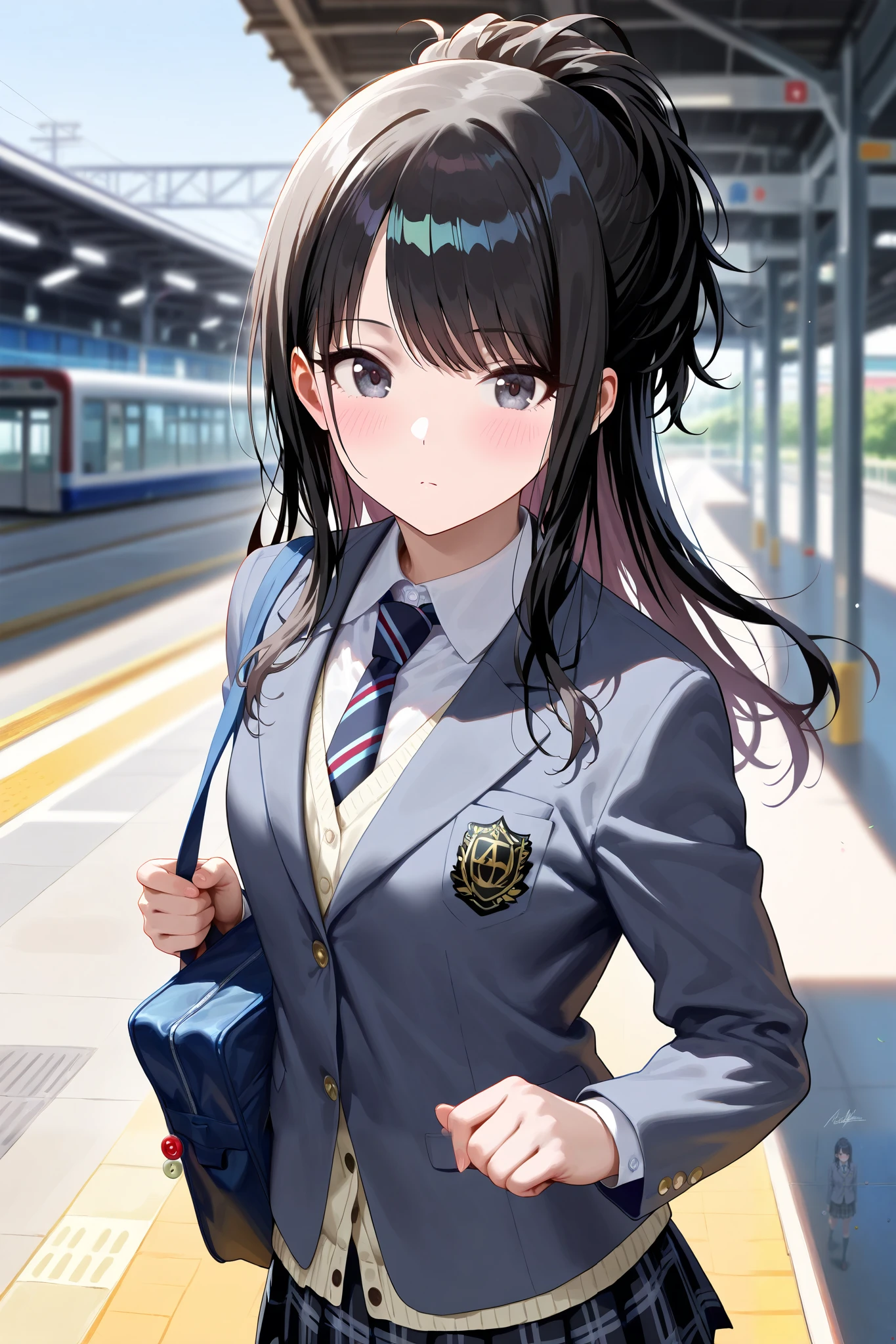 (masterpiece), (Highest quality), (Very detailed), (The best shape), (Best Shadow), (Absurd), (Detailed Background), (so beautiful), Shiny, Beautiful eyes in every detail, Extraordinary, Countershading, 8k, 32K, High resolution, Very Detailed CG ,
Score_9, Score_8_up, Score_7_up, Source_anime,
(Pastel painting:1.2), (Watercolor painting:1.2),
(Masterpiece, Detailed:1.2), (Foreshortening:1.2),
Cinematic, Dramatic, (depth of field:1.4),
(blurry background:1.4), (Realistic background:1.4), dynamic angle,
1girl, solo,
Japan, station, Station platform, Urban Station, wind,
Kazano Hiori,
the idolmaster shiny colors,
hiori kazano, ponytail, black hair, black eyes,
(school uniform:1.3), school bag,
White collar, tie, black tie, Stripes tie, gray tie,
(cardigan:0.9), Inner cardigan, linen cardigan,
blazer, (gray blazer:1.2), long sleeves blazer, (Button-up her blazer:1.5), (buttoned all the way up:1.4),
skirt, closed jacket, plaids skirt, black skirt,
(Blush:1.2),
Realistic skin,
Shiny skin,