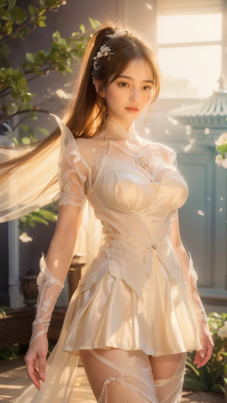 (High-res, 4K, Masterpiece:1.2),Ultra-detailed,(Realistic,photo-realistic:1.37),Girl robot married in Japan,Mechanical limb,Mechanical torso,Made of shiny gold and white clear glass and plastic, Delicate lace dress,joyful expressions, , Vibrant colors, sakurabackground, Bright sunlight。