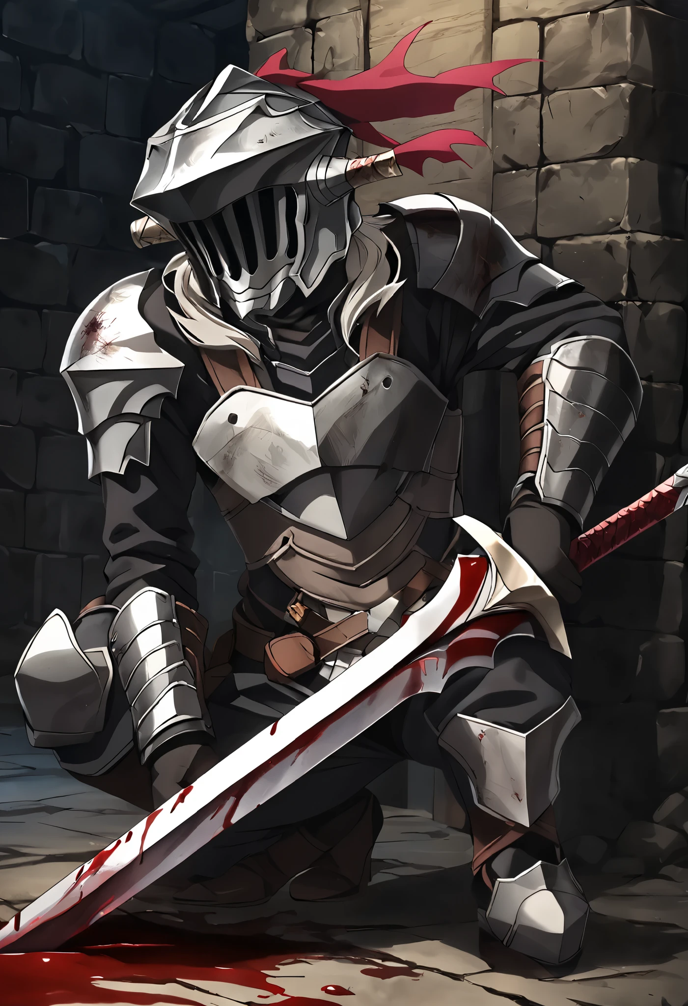 Goblin Slayer, 1 male, Dainty, dull colored armor, dirty, has returned to armor and blood is on it, Damaged Helm, holding a short sword in his right hand, in the dungeon, lowering position, attacking