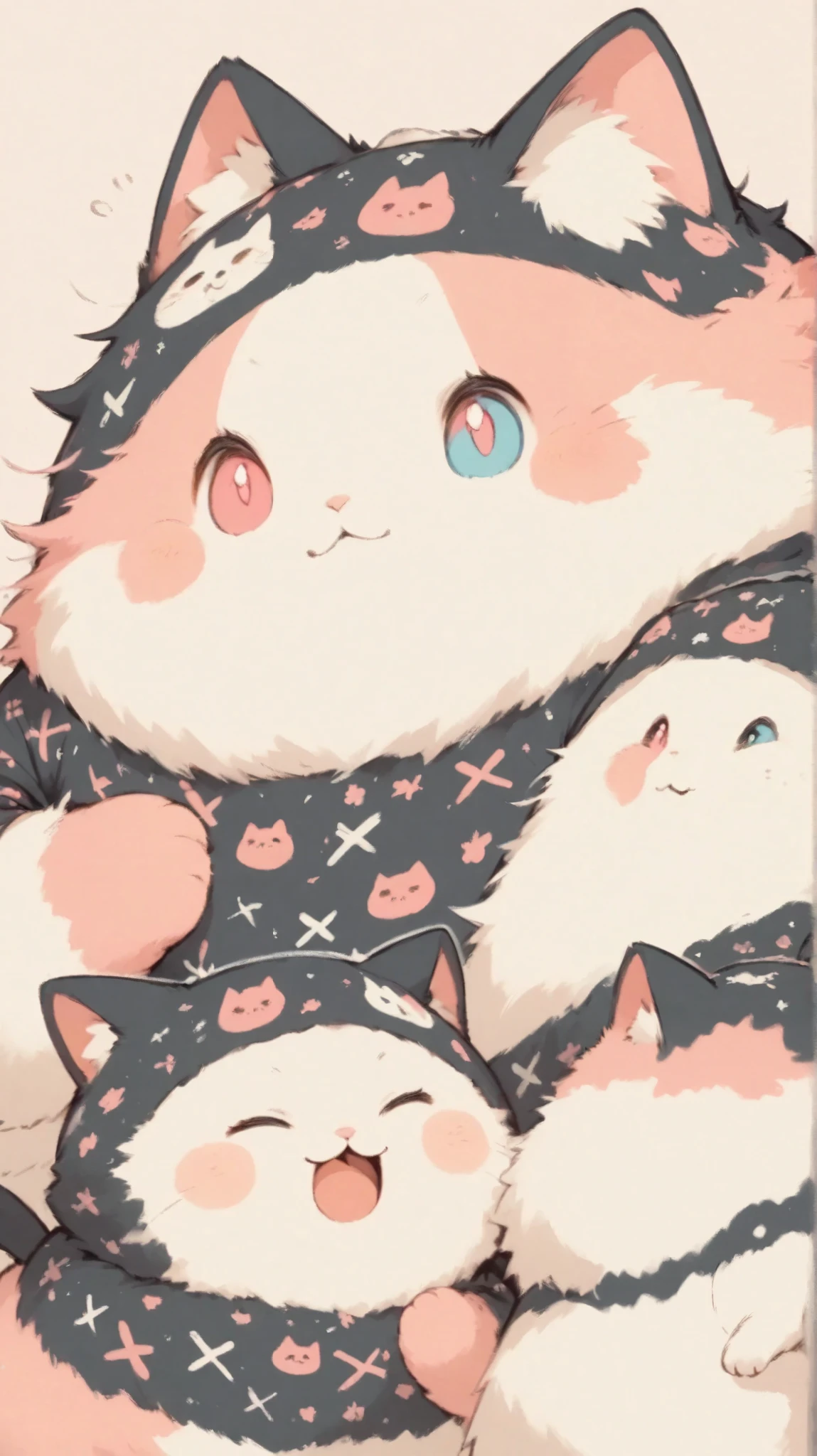 Anime-style illustration of a chubby, adorable cat with a unique "hachiwari" patch pattern in black and pink. The cat has large, expressive eyes, a slightly clumsy and playful expression, and a fluffy tail. Emphasize vibrant colors and soft textures that showcase its cute, lazy personality. Minimal background, focus on the character's distinct black and pink patches.Erase the black pattern
