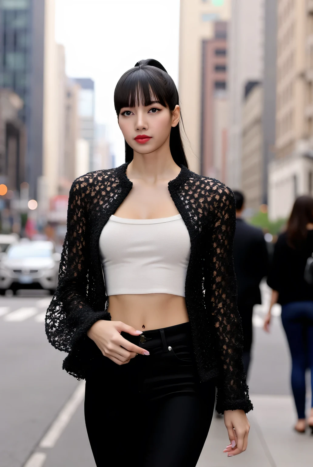 A beautiful woman, walking in the middle of the city,  front facing, using a black open knit jacket with a white turtle neck tank top, black trousers, big boobs, red lips, black ponytail hair
