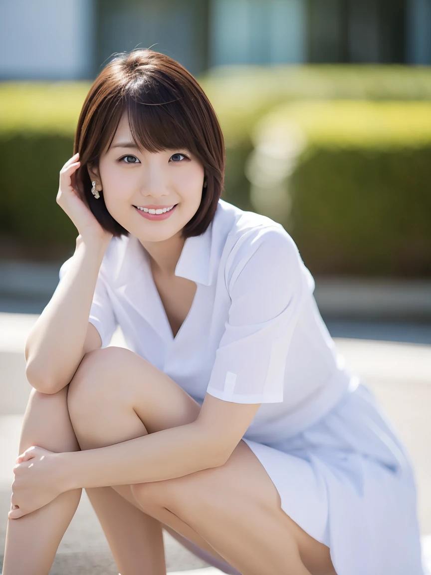 A white, childlike top, White pleated skirt, A Japanese person squatting on the grass, Front angle of the body,Cute and slim Japanese model, young and thin, Blushing, smile, High resolution, bangs, Black Hair,Close your mouth, masterpiece, 最high quality, High-resolution model, high quality, High detail, Textured skin, Ultra high definition, short hair, Cleavage,Simple Background, 8k octane, 3D Rendering, realism,