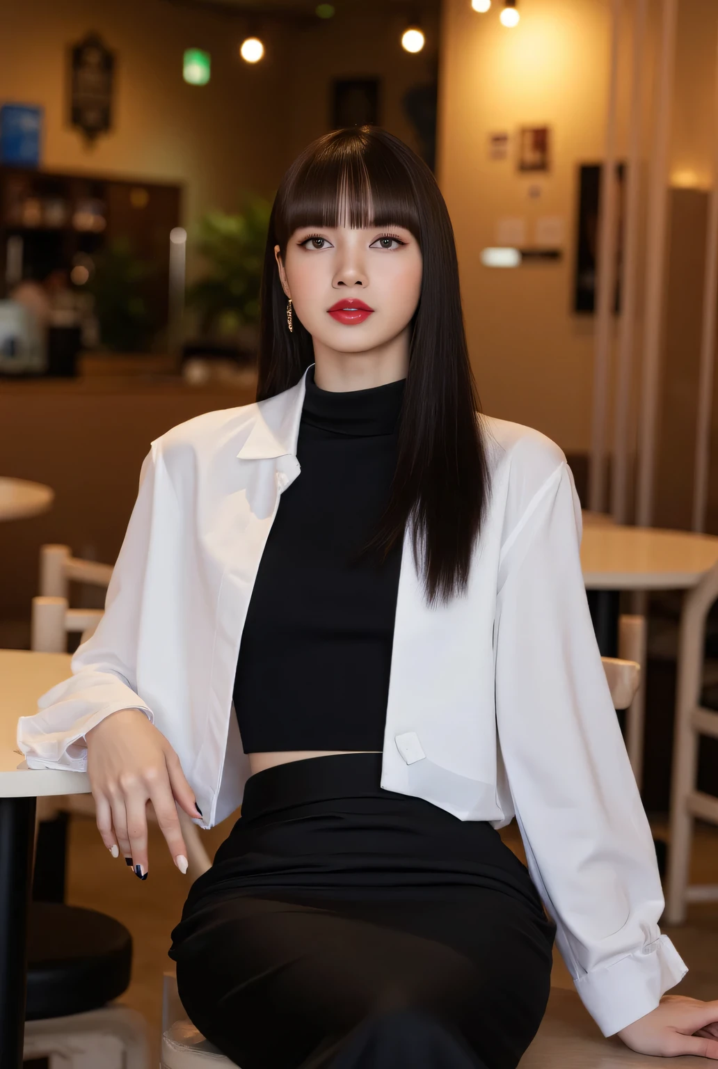 A beautiful woman, sit down, cafe, front facing, use an open white casual shirt with a black turtle neck t-shirt, long skirt black fishtail model, big boobs, red lips, black ponytail hair