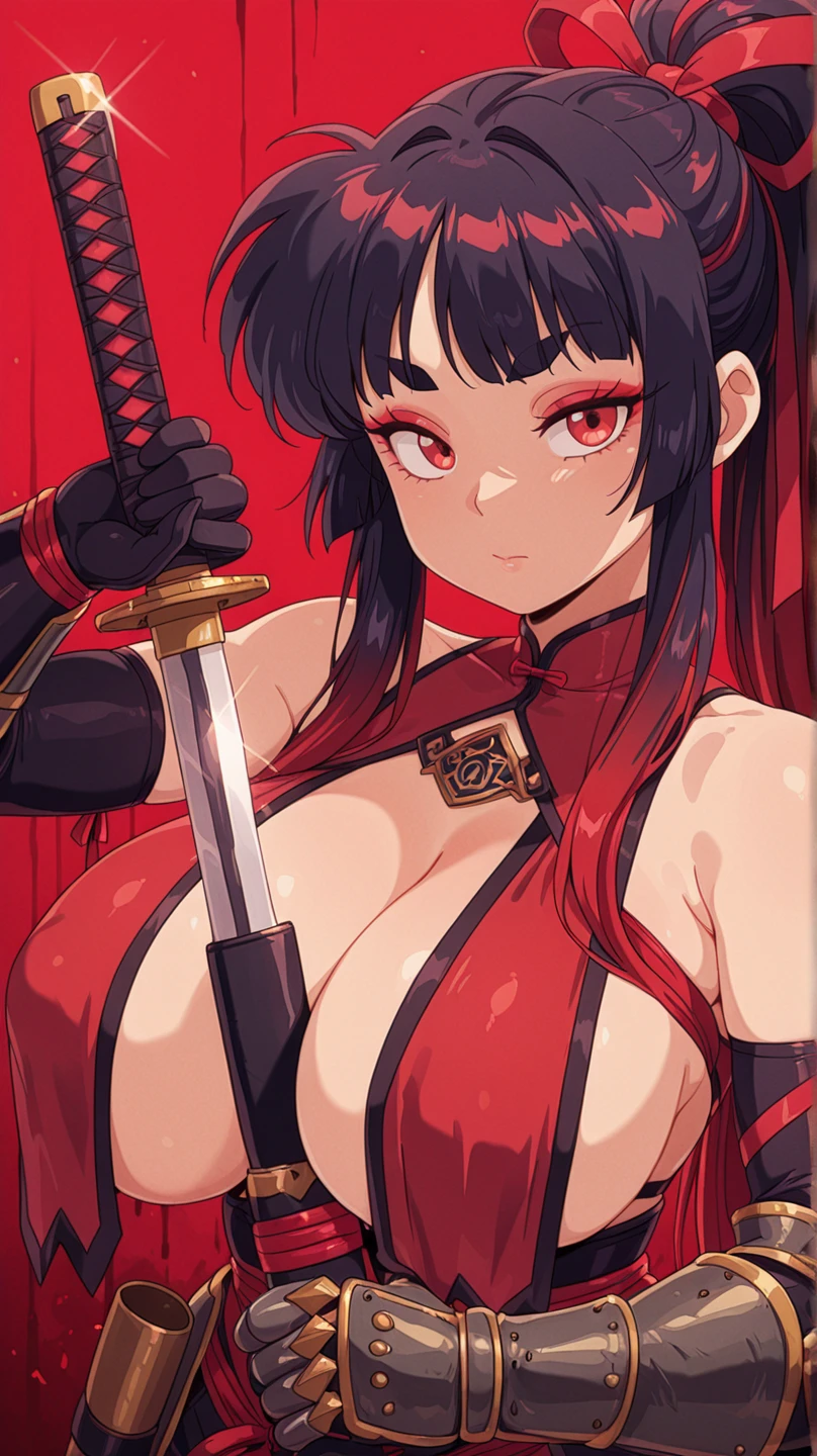 of the highest quality、masutepiece、ultra-detailliert、1womanl、Solo、25-years old、(underboob:1.3)、(Jet black uniform:1.3)、(Lens Flare:1.4)、(angry looking face:1.2)、(short twin-tailed black hair:1.2),Forehead, Shiny hair, Delicate beautiful face,  masuter piece、scary atmosphere,Looking at Viewer、a red skirt、(ruby eyes:1.2)Holding a Japan sword in his hand、Midnight Ruins、Blood on the face、red necklace、Red earrings、Dark scenery, sexy pose, (NSFW), anime, anime screencap, gigantic breasts, huge breasts, woman wearing full bodystocking, necromancer, raven, MILF, (very large breast), milf, (mature female), gloves, earrings, navel focus, capes, Elegant body, curvaceous but thin, the woman have beautiful detailed eyes, detailed textures, otherworldly ruins, fantasy, RPG, Dark atmosphere, extreme shading, masterpiece, best quality, milf, mature female, milfication, The armor covers her breasts and abdomen, ultra mega hyper ultra mega hyper ultra mega super big and beastly huge breasts. 