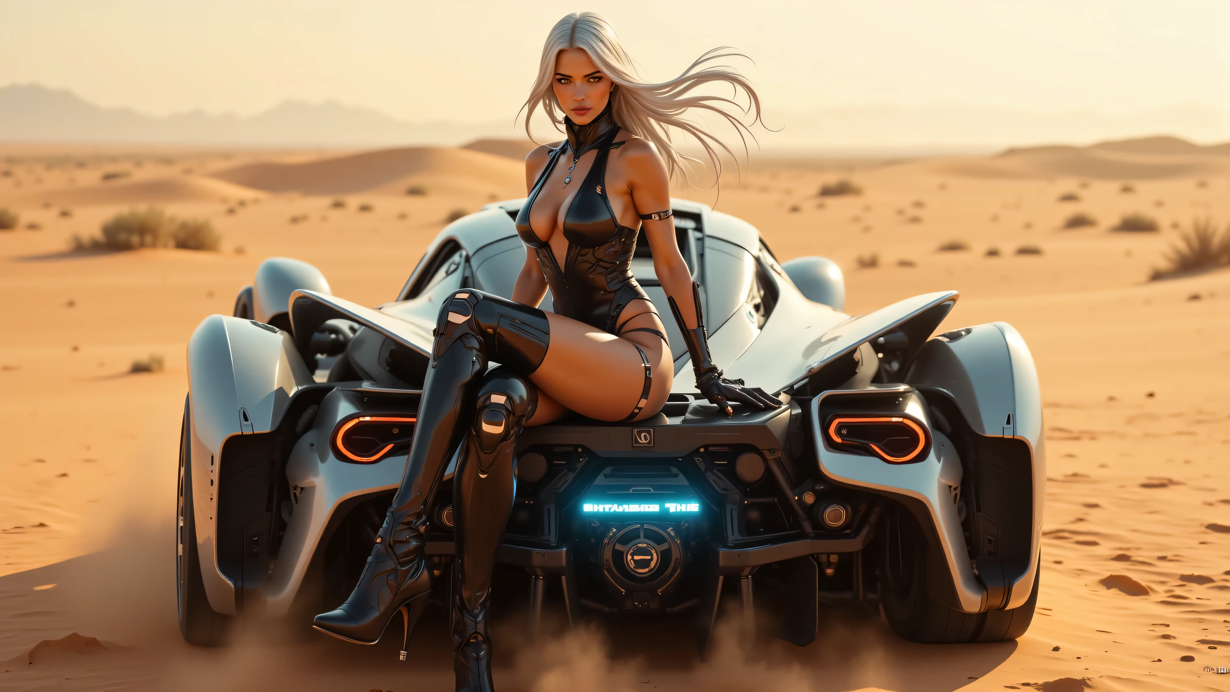 A confident cyberpunk girl sitting on the edge of a futuristic sport car in a hot desert landscape. sity on beckground She’s wearing a skintight black latex swim bodysuit with a plunging neckline, fingerless gloves, and high-heeled thigh-high boots. Her silver hair flows behind her as the desert wind blows sand across the ground. The car’s engine glows faintly with blue neon light, contrasting with the warm golden hues of the desert. Her playful smirk and relaxed posture suggest that she’s ready for anything. wide hips