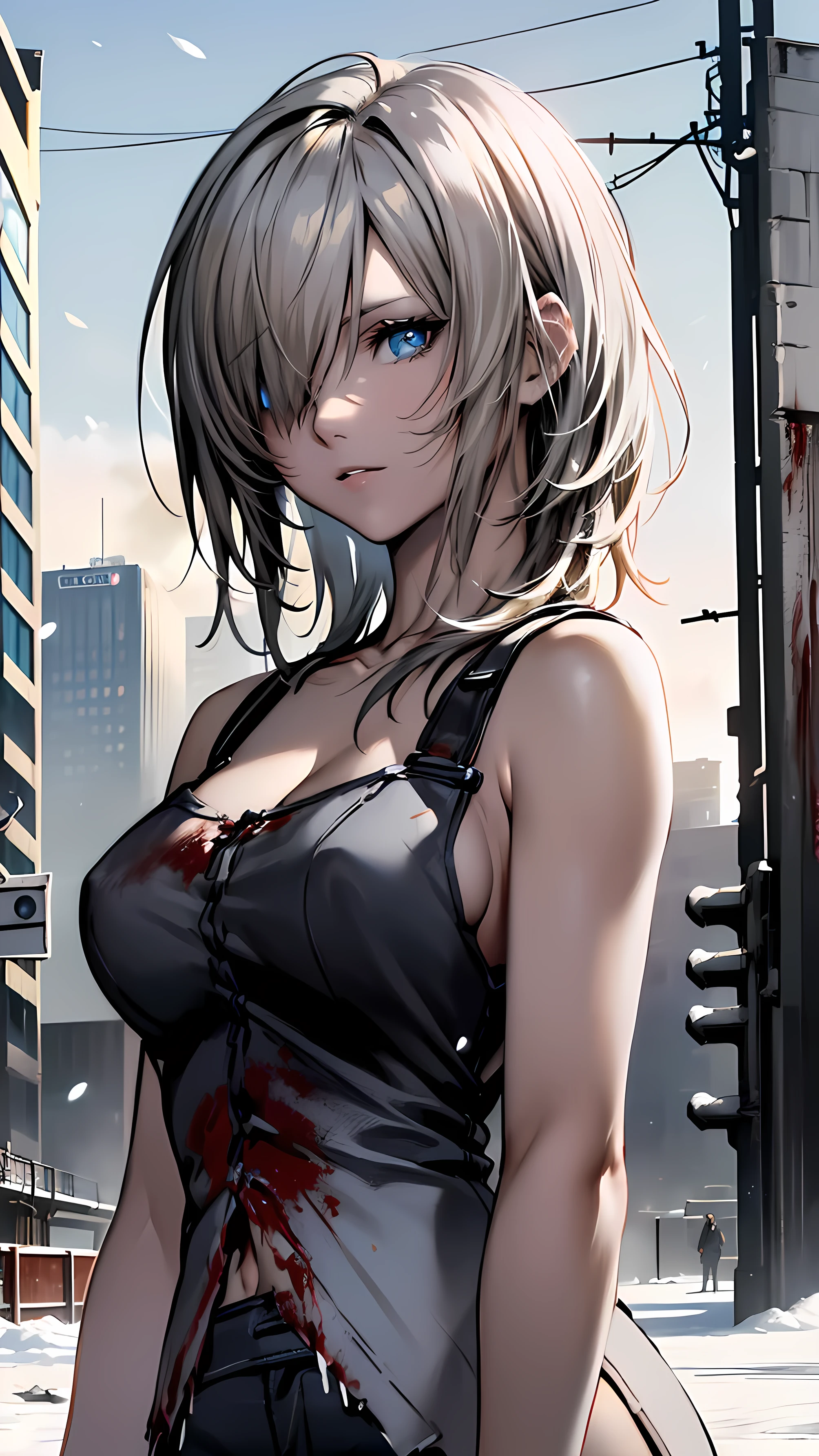 ((8k resolution))、((top quality))、((masterpiece))、((very well detailed))((((dramatic))), (anatomically accurate)、 depth of what to write、beautiful woman、Big Breasts、nice、sexy、droopy eyes、 standing position 、 look up 、Front 、cold、bloody、 white short tank top、 ragged clothes 、、 city、Ruins、In the snow、