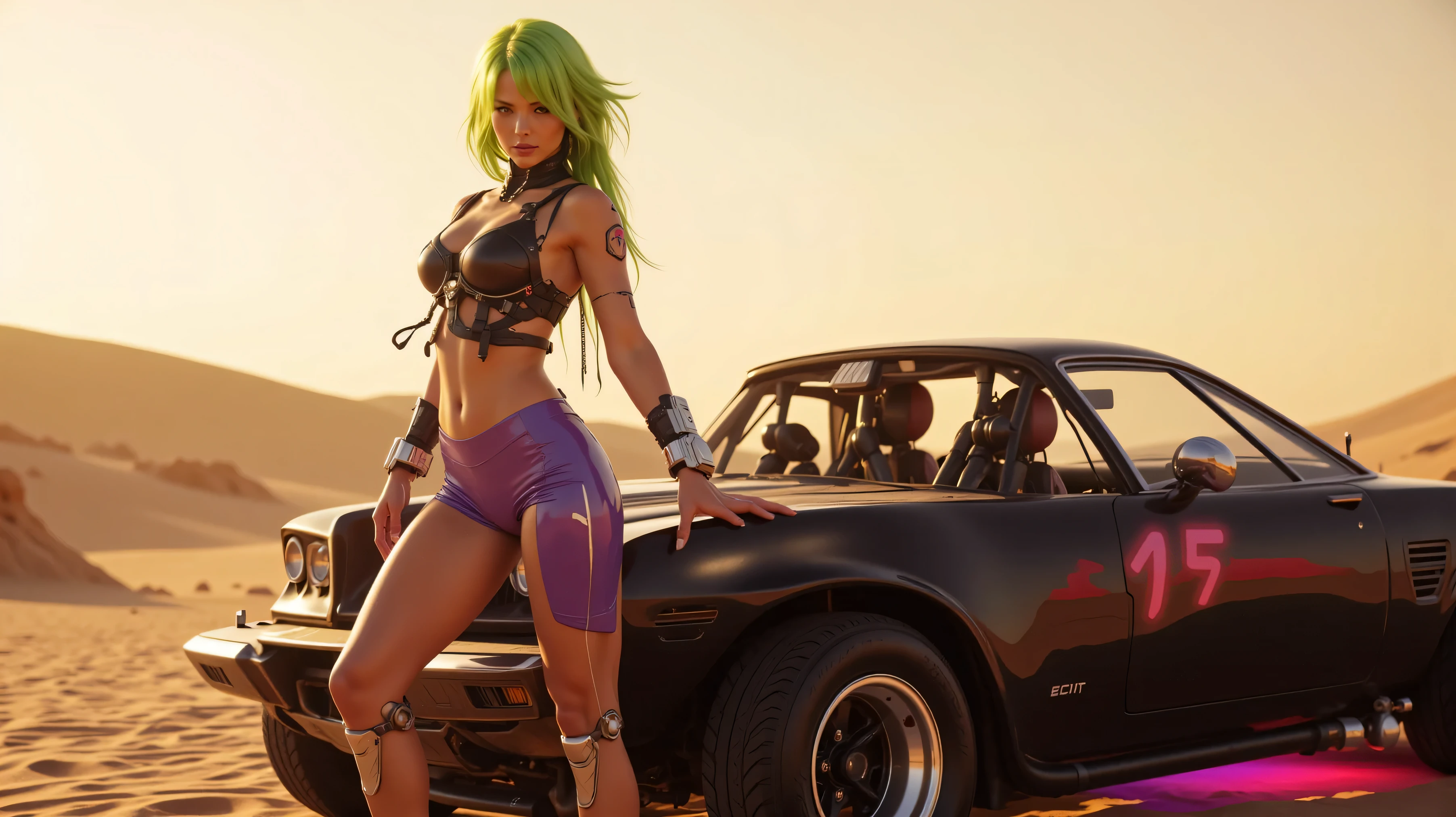 1girl in a violet top and grey shorts is standing next to a motorbike with a brown background, bracelet, light green hair, jewelry, letterboxed, lips, long hair, makeup, medium breasts, midriff, nail polish, navel, necklace, nose, realistic, shorts, solo, tattoo,wristband