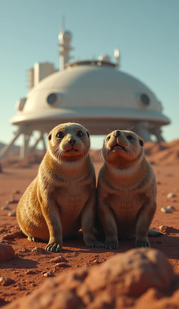Martian seals landed on planet Earth, фотоrealistic портрет марсианских котиков, standing in front of a spacecraft landing pad, detailed faces and fur, has strict expressions , high quality, clear focus , Professional lighting, widescreen, atmospheric, epic, realistic, 8k, HDR-эффекты, rich colors