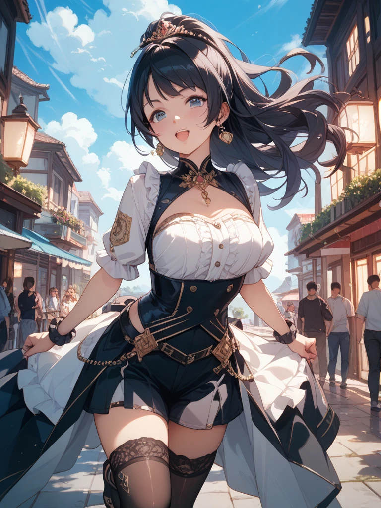 High resolution、Super detailed、(1 girl:1.3)、complex architecture、lush garden、Designing images using the fisheye effect、Capture a wide field of view with a unique curved perspective、panoramic cityscape、Creating elevation-aware rooftop views in urban environments、smile、cleavage