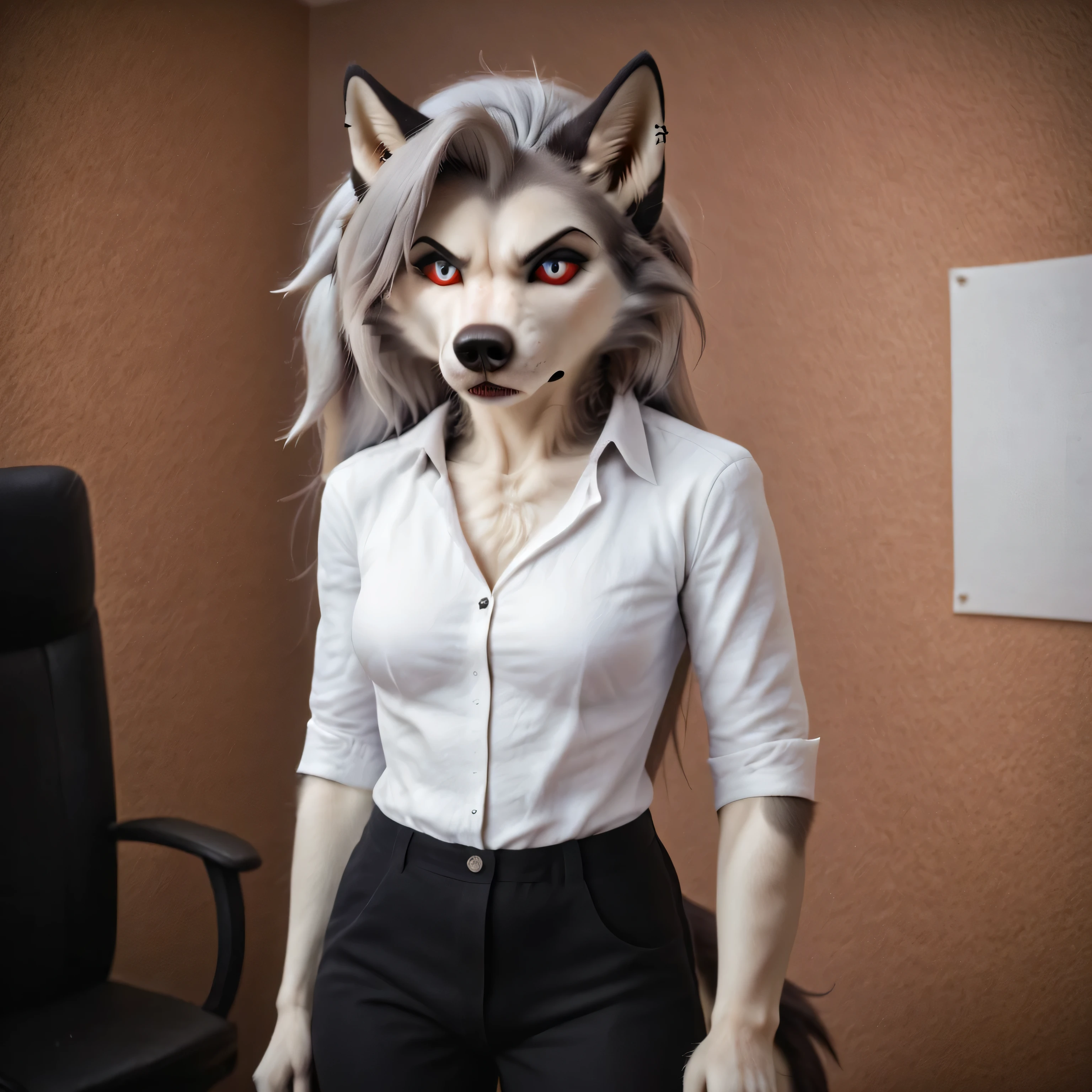 furry, ((masterpiece)), best quality, 1girl, solo, (anthro, wolf), (detailed background, standing, office), (loona, annoyed face), photorealistic, fixl-art.