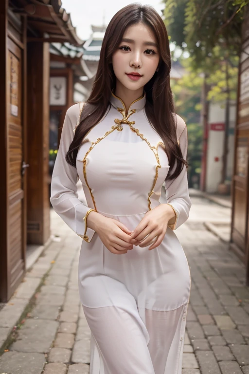 (best quality:1.4), ultra high resolution, raw photo, 8k wallpaper, extremely detailed, (masterpiece:1.4), (realistic:1.45), (photo realistic:1.45), blurry background, a Chinese woman, solo, extremely delicate and beautiful woman, mature, cute and handsome face, brown eyes, (elegant:1.3), gentle, pure and innocent, neat and clean, (shy smile), medium hair, straight hair, small breasts, clear and fair skin, young and feminine figure, wearing short silk dress, slit, standing straight, looking viewer, knee shot, shot from diagonally side, (shot from below:1.2), indoors, at hotel hall