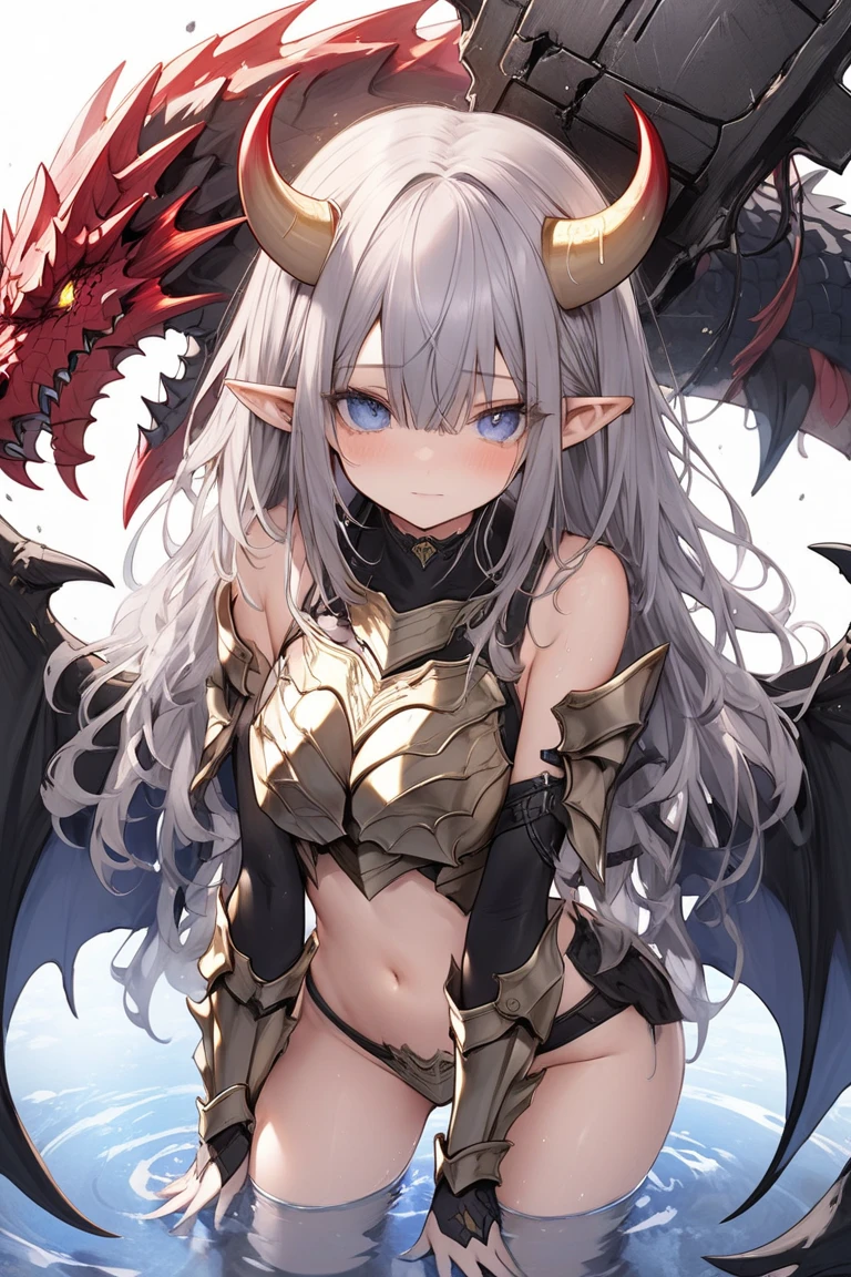 masterpiece, best quality, 1girl, dark skin, silver hair, orange eyes, pointy ears, horns, jewelry, medium hair, medium breasts, armor, wings, outdoors, shouting, angry,